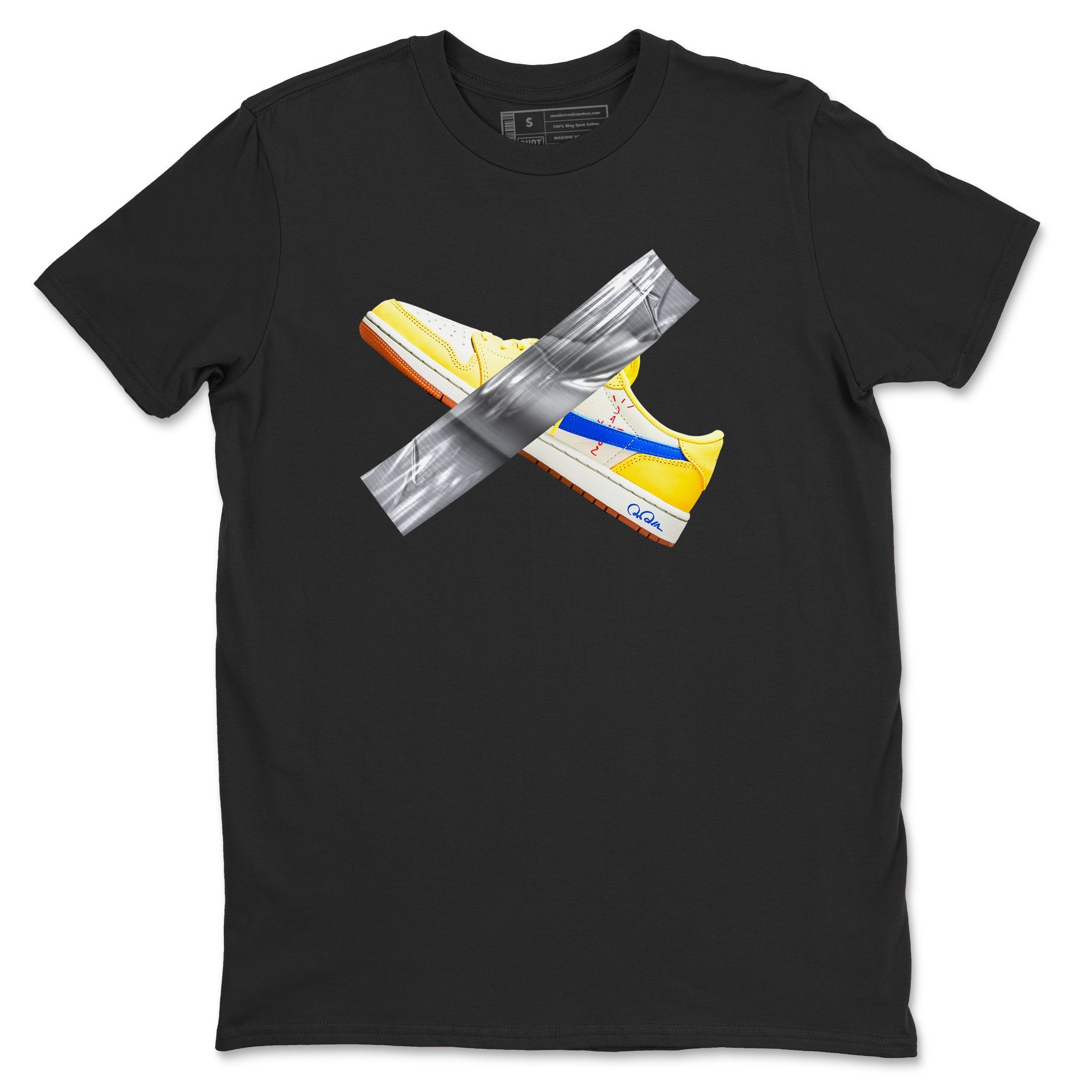 1s Travis Scott Canary shirt to match jordans Duct Tape sneaker tees Air Jordan 1 Travis Scott Canary Drip Gear Zone unisex cotton Black 2 crew neck shirt