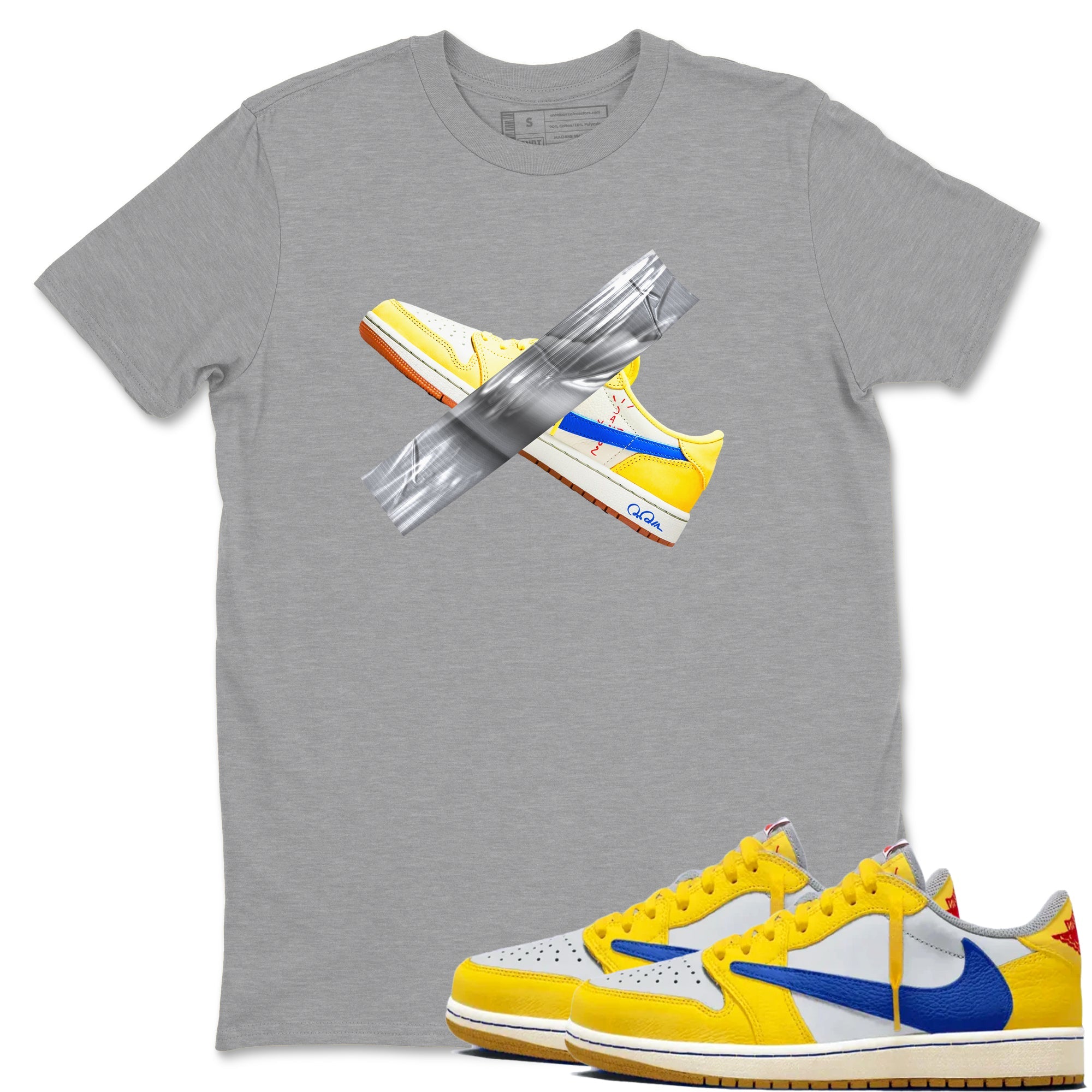 1s Travis Scott Canary shirt to match jordans Duct Tape sneaker tees Air Jordan 1 Travis Scott Canary Drip Gear Zone unisex cotton Heather Grey 1 crew neck shirt