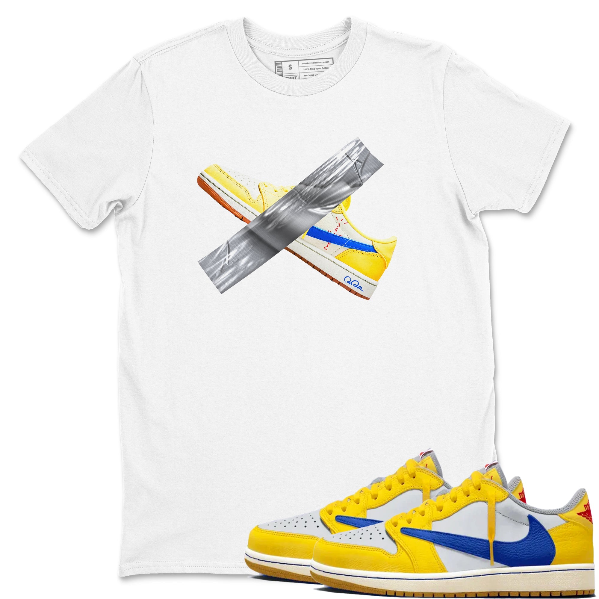 1s Travis Scott Canary shirt to match jordans Duct Tape sneaker tees Air Jordan 1 Travis Scott Canary Drip Gear Zone unisex cotton White 1 crew neck shirt