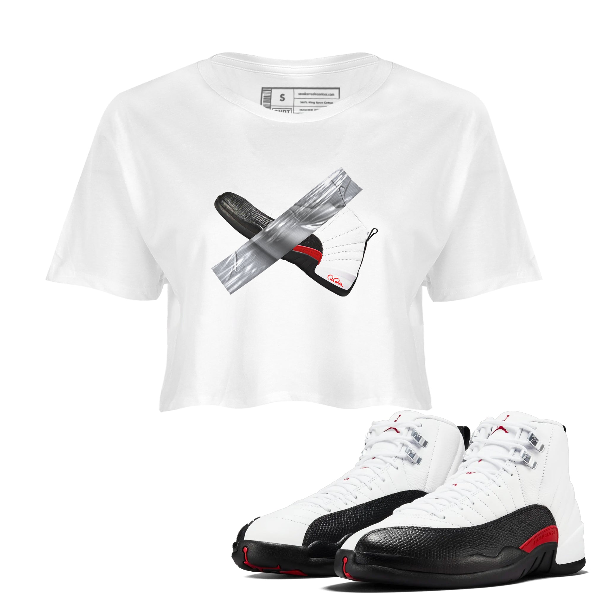 12s Taxi Flip shirts to match jordans Duct Tape sneaker match tees Air Jordan 12 Taxi Flip Drip Gear Zone streetwear brand White 1 crop tee