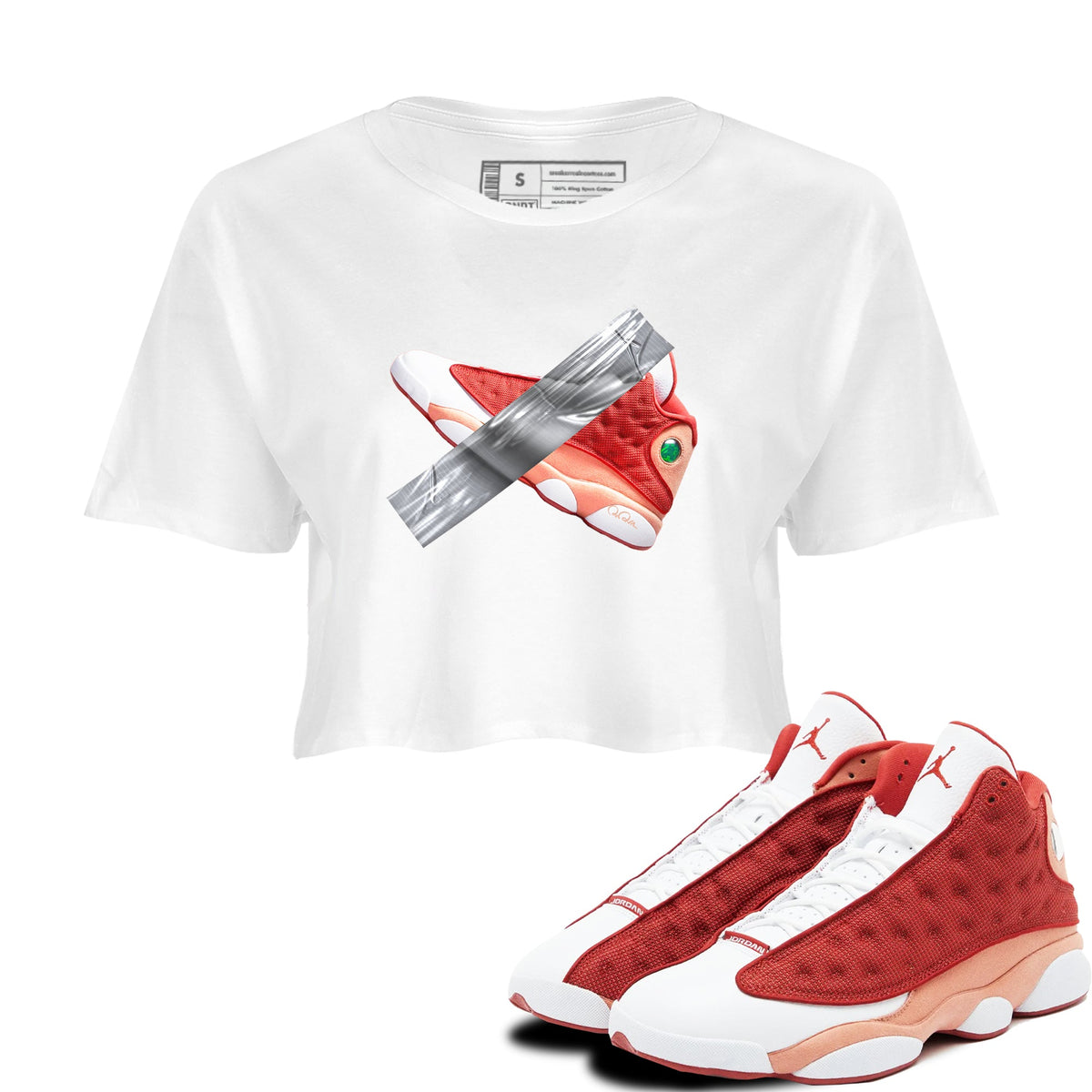 13s Dune Red shirts to match jordans Duct Tape sneaker match tees Air Jordan 13 Dune Red Drip Gear Zone streetwear brand White 1 crop tee