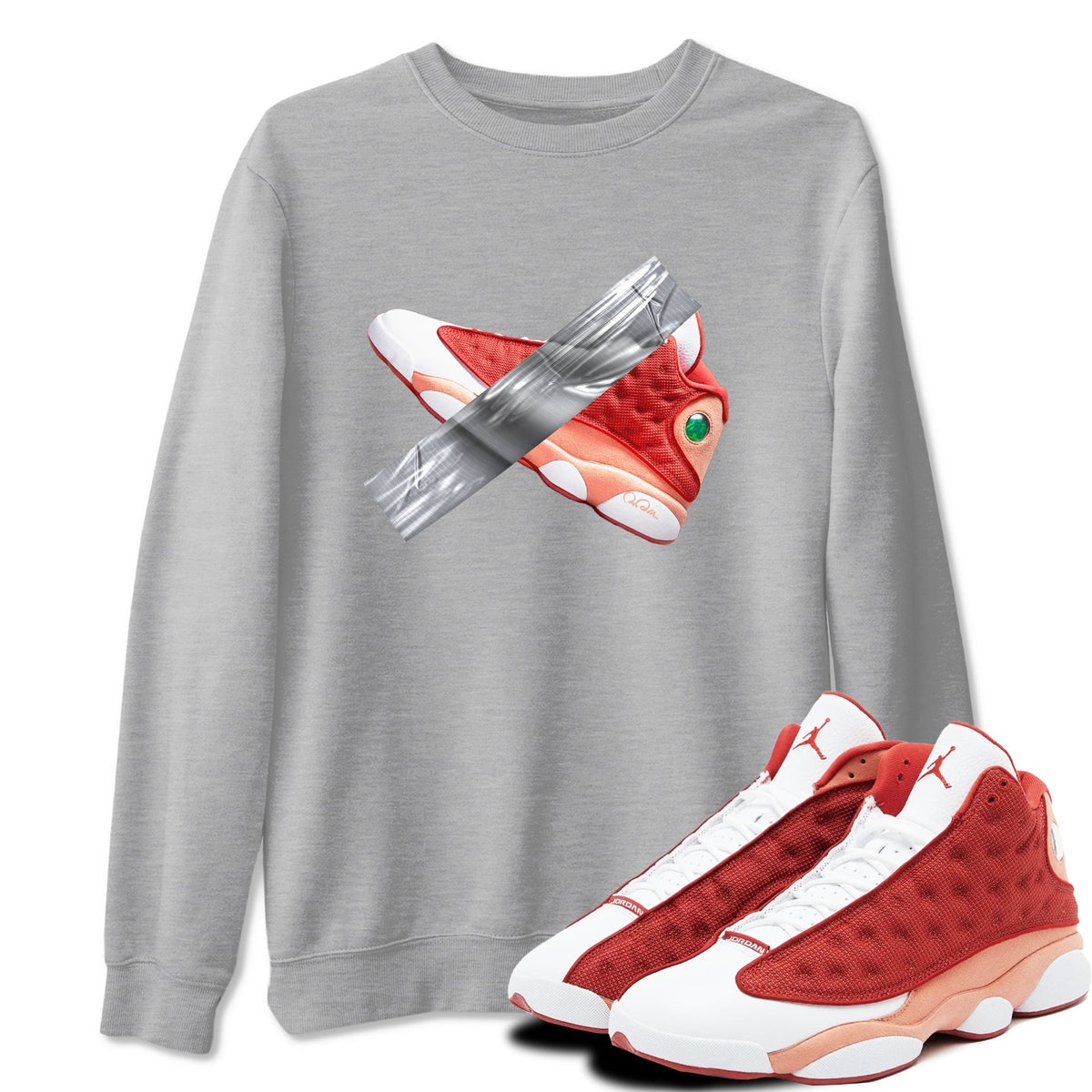 13s Dune Red shirts to match jordans Duct Tape sneaker match tees Air Jordan 13 Dune Red Drip Gear Zone streetwear brand Heather Grey 1 unisex cotton tee