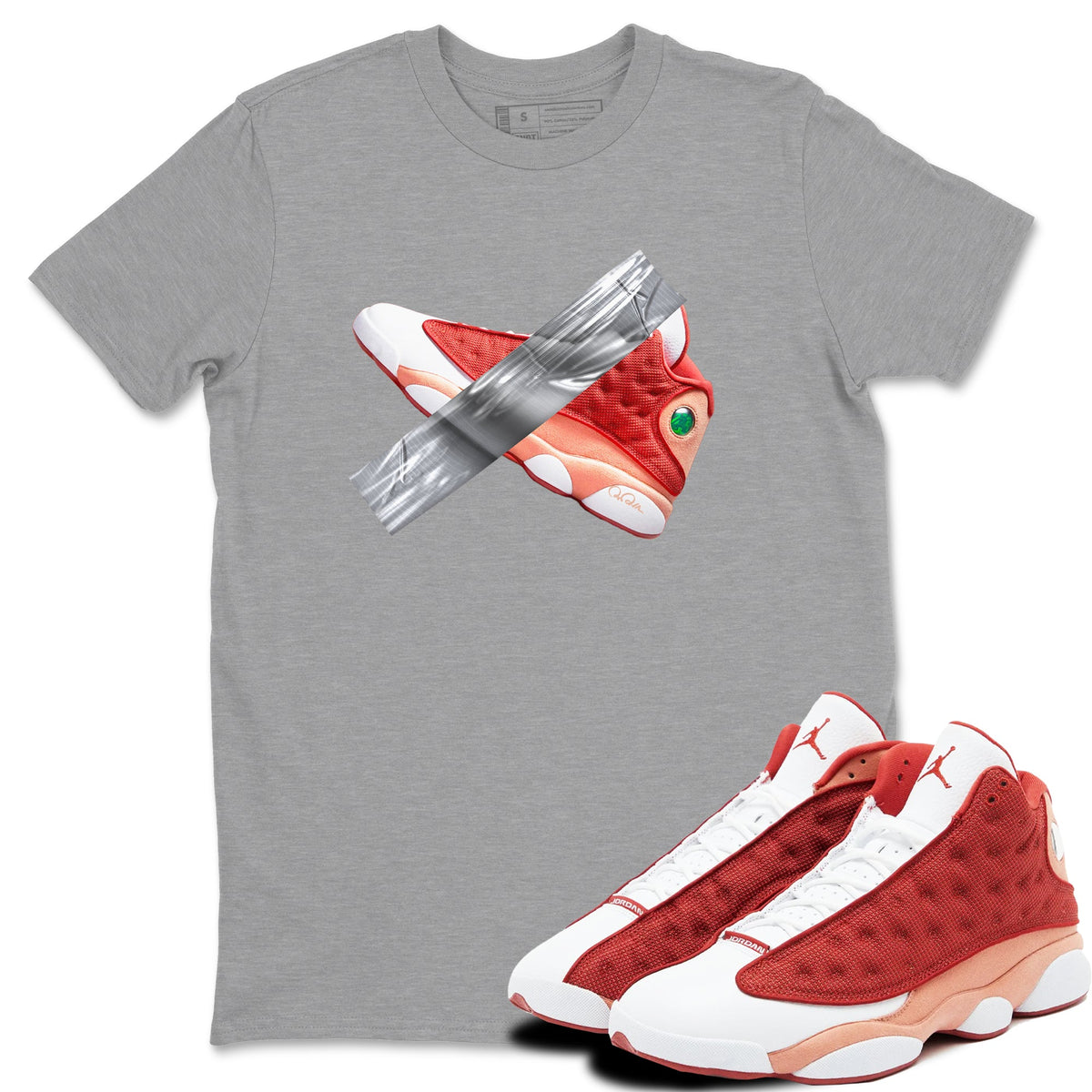 13s Dune Red shirts to match jordans Duct Tape sneaker match tees Air Jordan 13 Dune Red Drip Gear Zone streetwear brand Heather Grey 1 unisex cotton tee