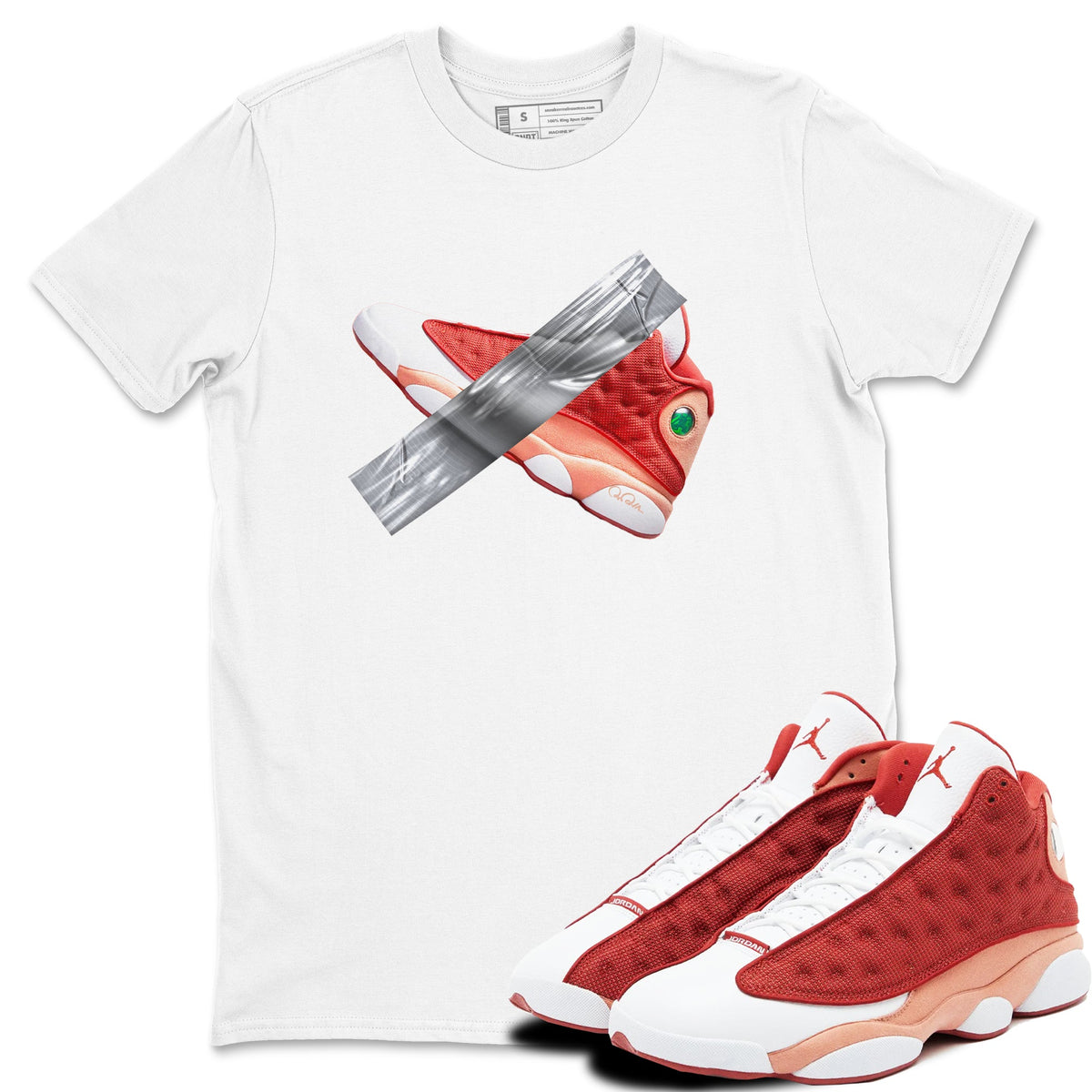 13s Dune Red shirts to match jordans Duct Tape sneaker match tees Air Jordan 13 Dune Red Drip Gear Zone streetwear brand White 1 unisex cotton tee