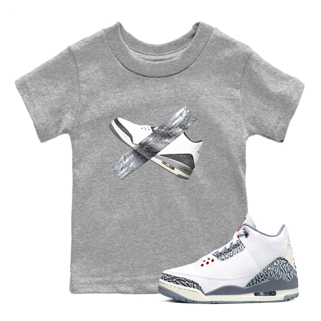 3s Cement Grey shirts to match jordans Duct Tape sneaker match tees Air Jordan 3 Cement Grey Drip Gear Zone Youth Baby Heather Grey 1 crew neck shirts