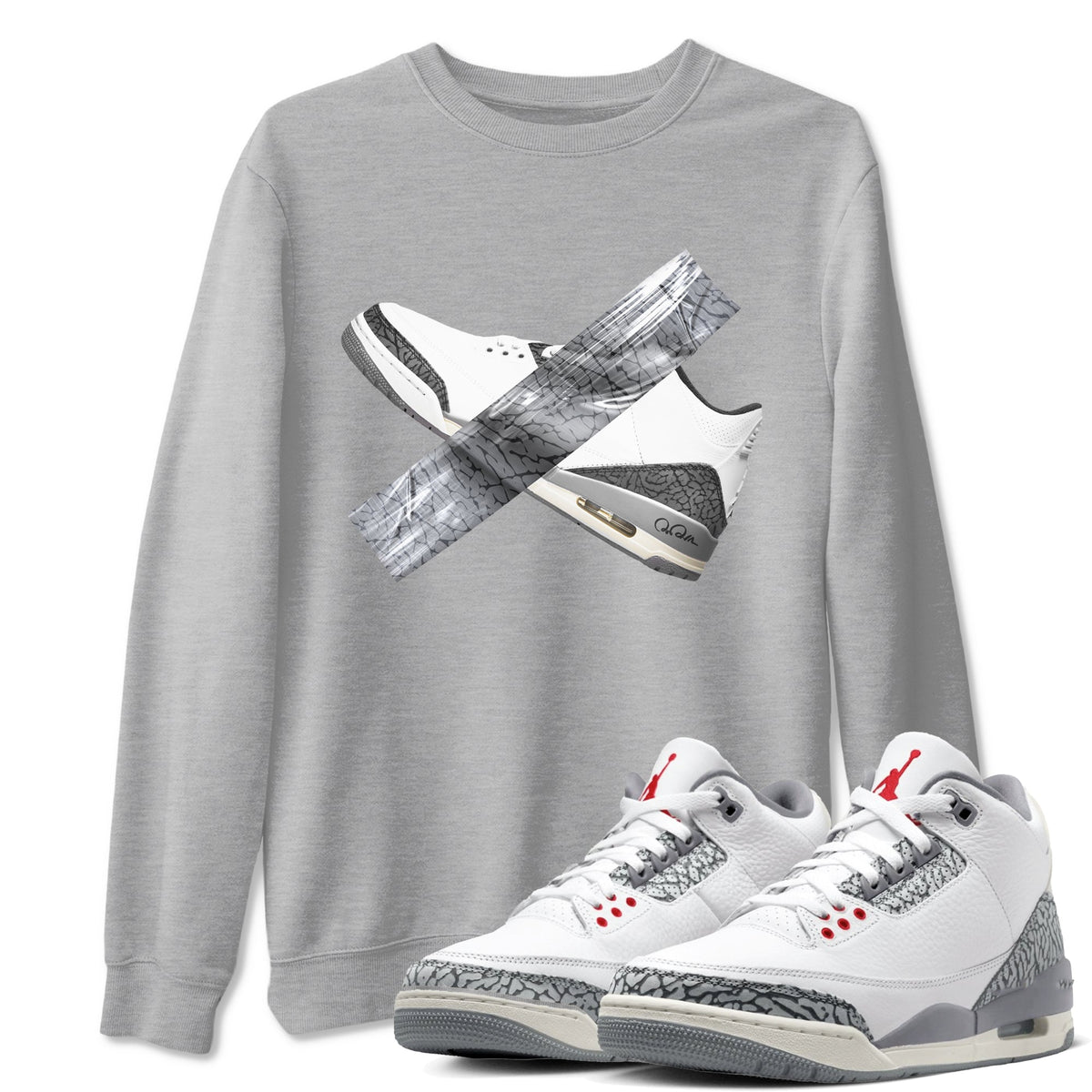 3s Cement Grey shirts to match jordans Duct Tape sneaker match tees Air Jordan 3 Cement Grey Drip Gear Zone unisex cotton Heather Grey 1 crew neck shirts