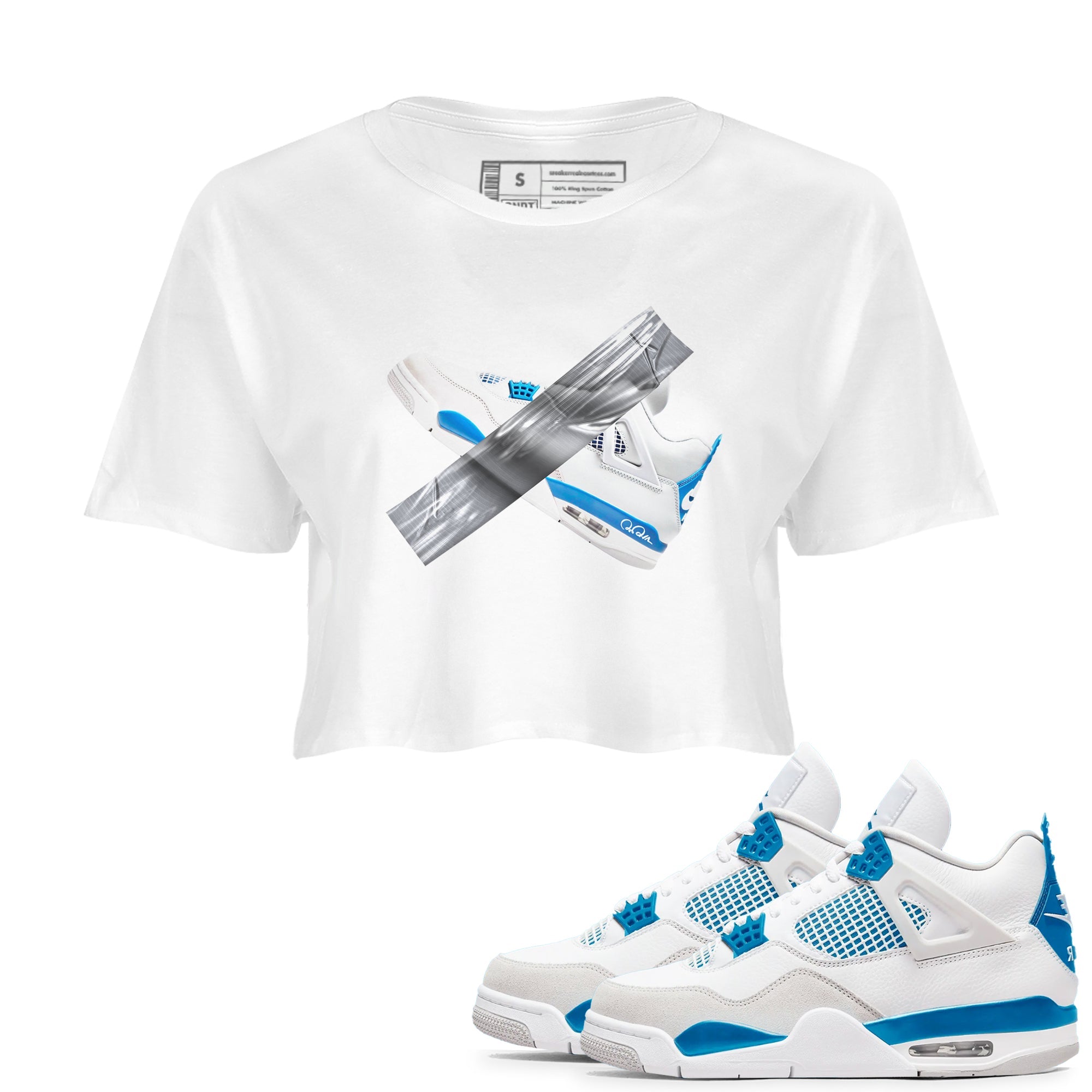 Air Jordan 4 Industrial Blue shirt to match jordans Duct Tape sneaker tees Air Jordan 4 Military Blue Drip Gear Zone White 1 crop length shirt