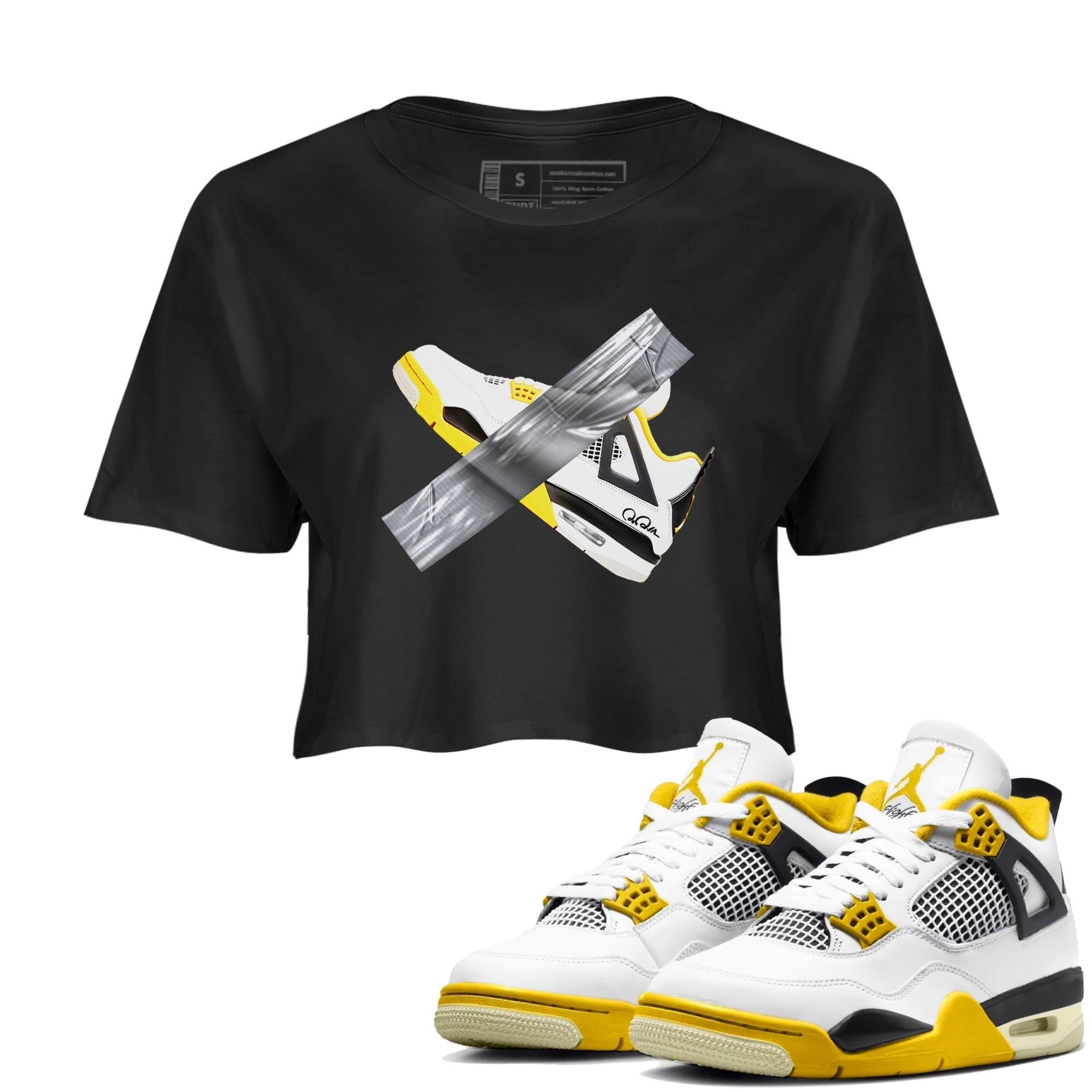 AJ4 Vivid Sulfur shirt to match jordans Duct Tape sneaker tees Air Jordan 4 Vivid Sulfur Drip Gear Zone Black 1 crop length shirt