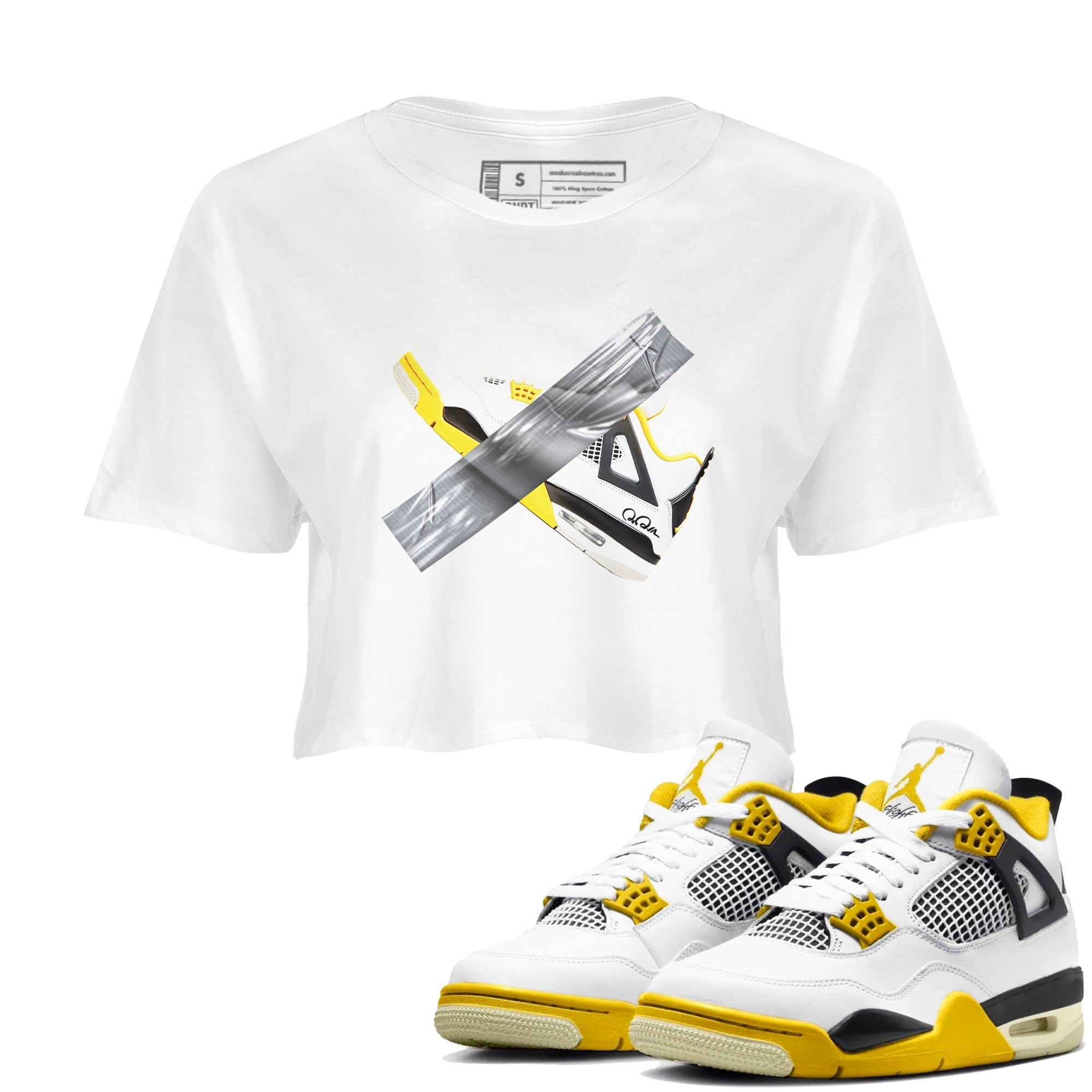 AJ4 Vivid Sulfur shirt to match jordans Duct Tape sneaker tees Air Jordan 4 Vivid Sulfur Drip Gear Zone White 1 crop length shirt
