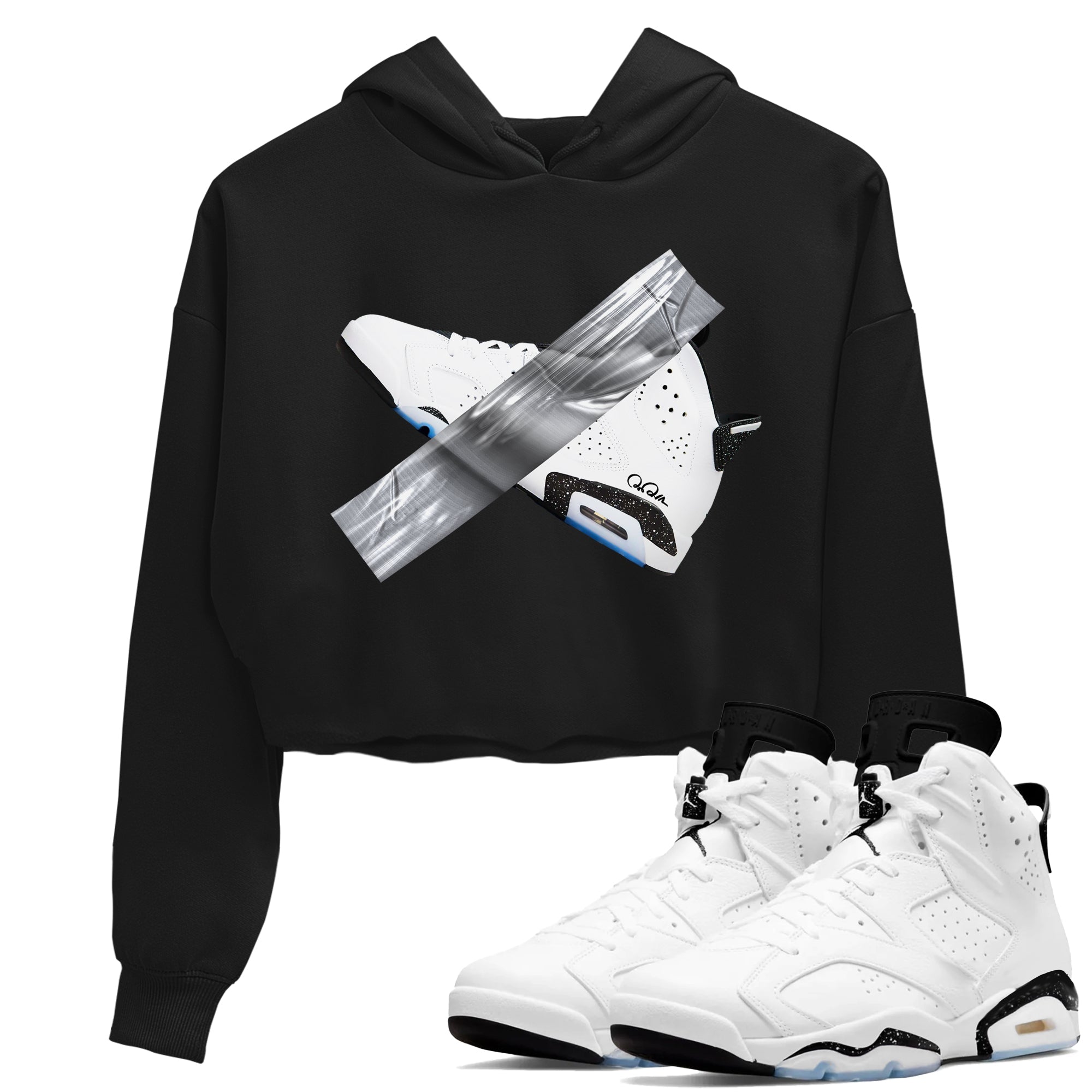 AJ6 White Black shirts to match jordans Duct Tape sneaker match tees Air Jordan 6 White Black Drip Gear Zone streetwear brand Black 1 crop tee