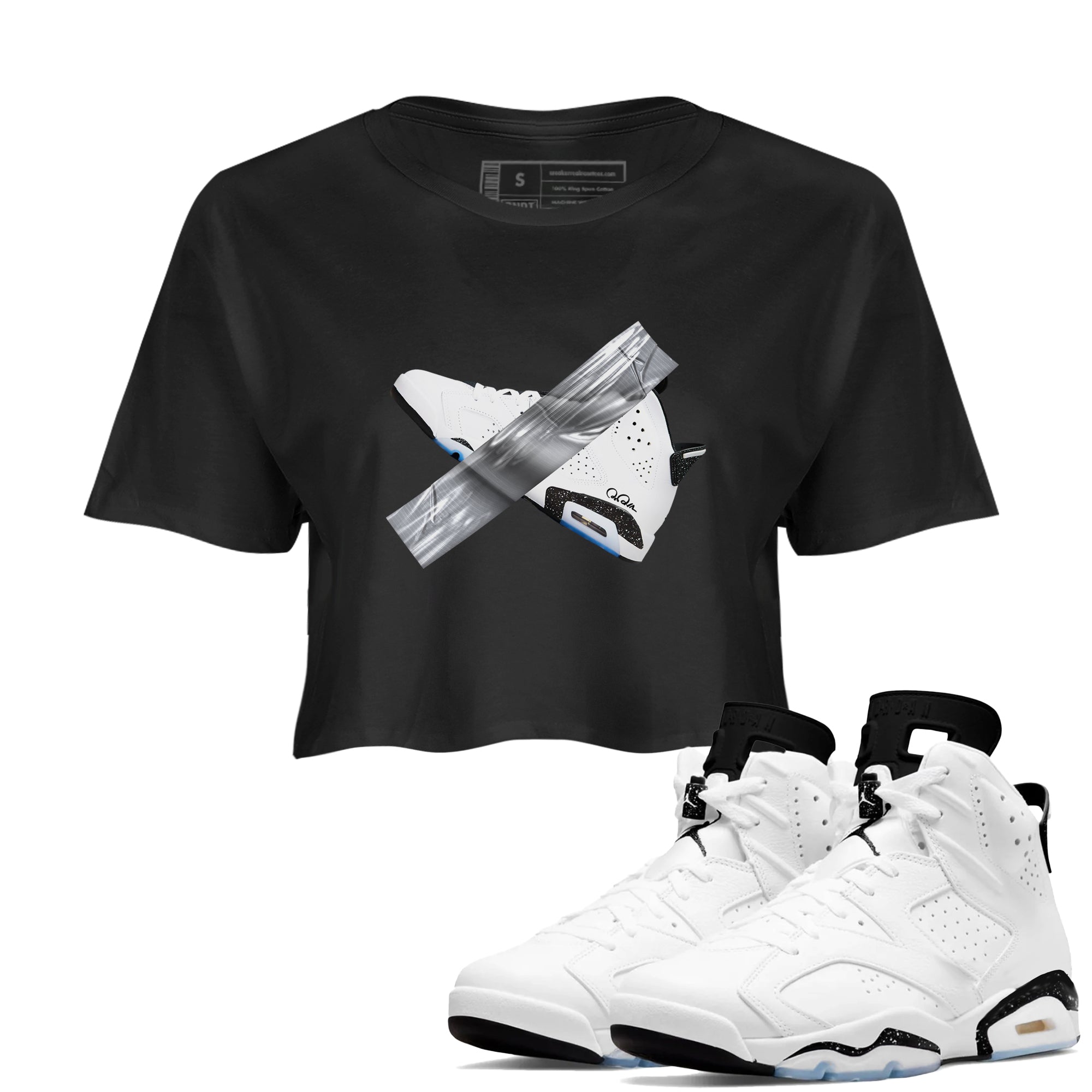 AJ6 White Black shirts to match jordans Duct Tape sneaker match tees Air Jordan 6 White Black Drip Gear Zone streetwear brand Black 1 crop tee