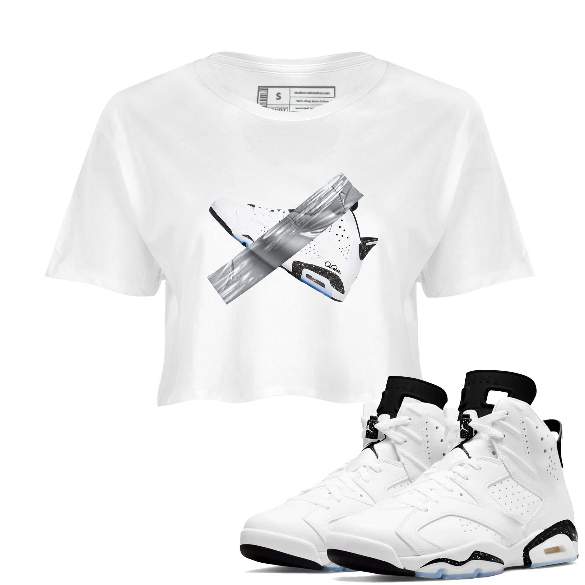 AJ6 White Black shirts to match jordans Duct Tape sneaker match tees Air Jordan 6 White Black Drip Gear Zone streetwear brand White 1 crop tee