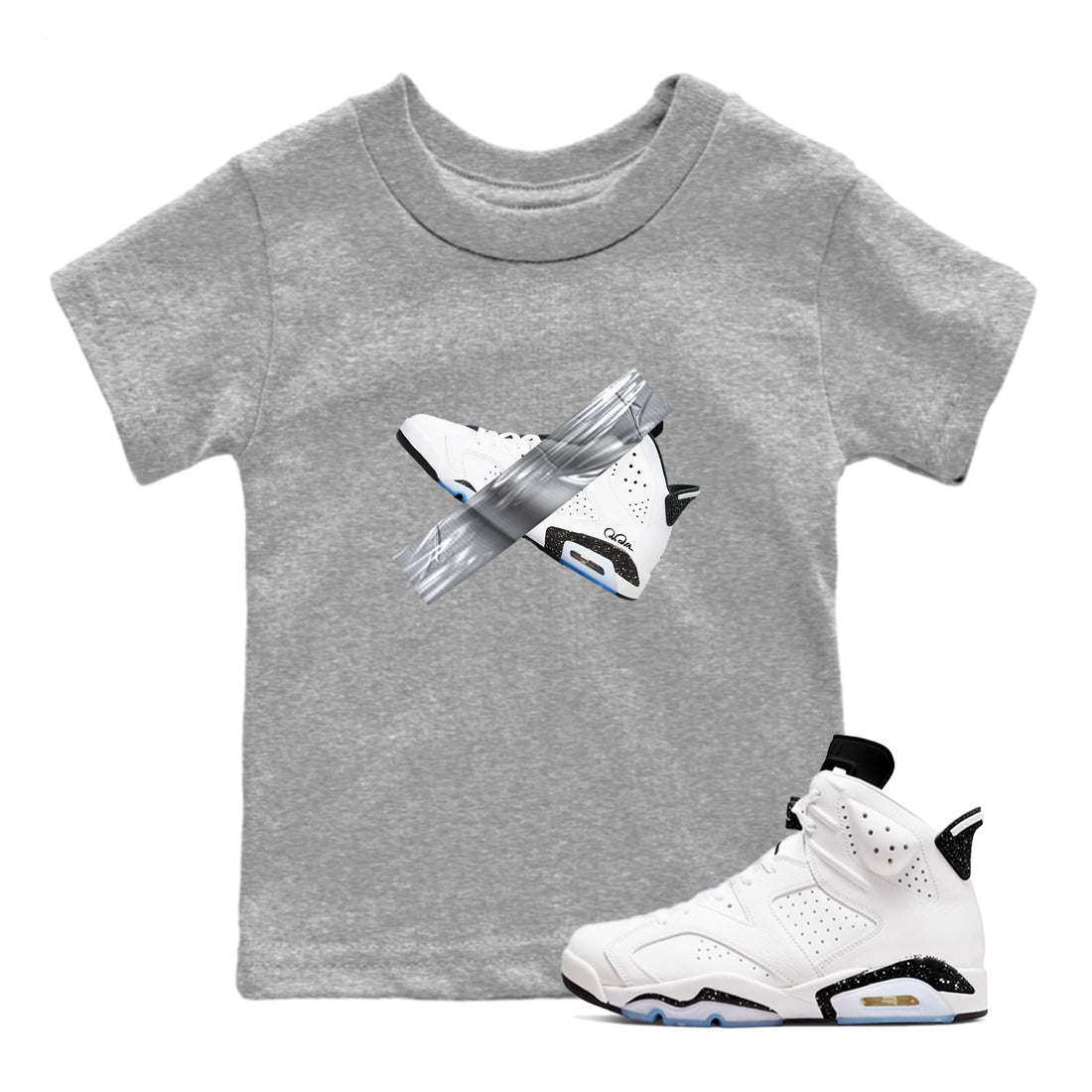 AJ6 White Black shirts to match jordans Duct Tape sneaker match tees Air Jordan 6 White Black Drip Gear Zone streetwear brand Baby and Youth Heather Grey 1 cotton tee