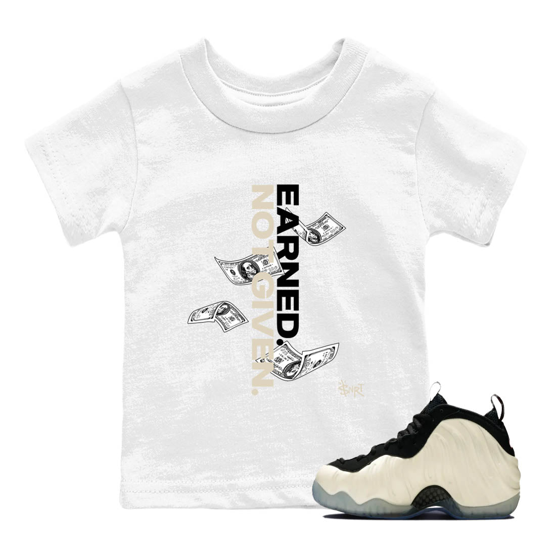 Sneaker Threads  Sneaker Tees To Match Air Foamposite One Pearl  Earned Not Given Youth Graphic Tee White 1. Perfect for Jordan releases 2025 colorways.
