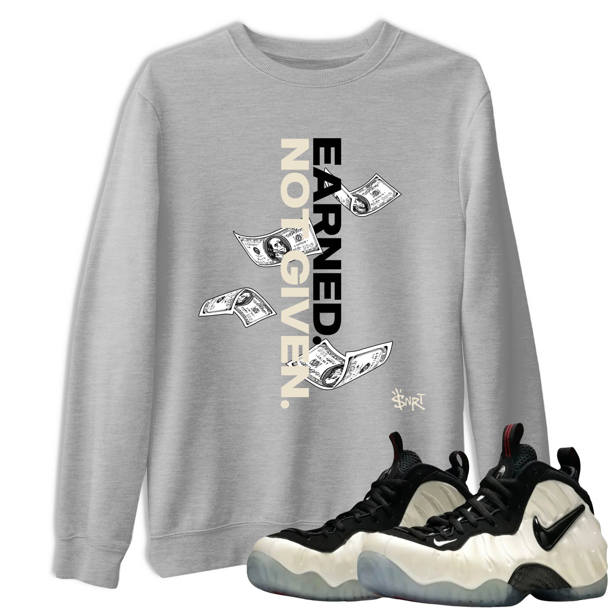 Sneaker Threads  Sneaker Tees To Match Air Foamposite One Pearl  Earned Not Given Graphic Tee Heather Grey 1. Perfect for Jordan releases 2025 colorways.