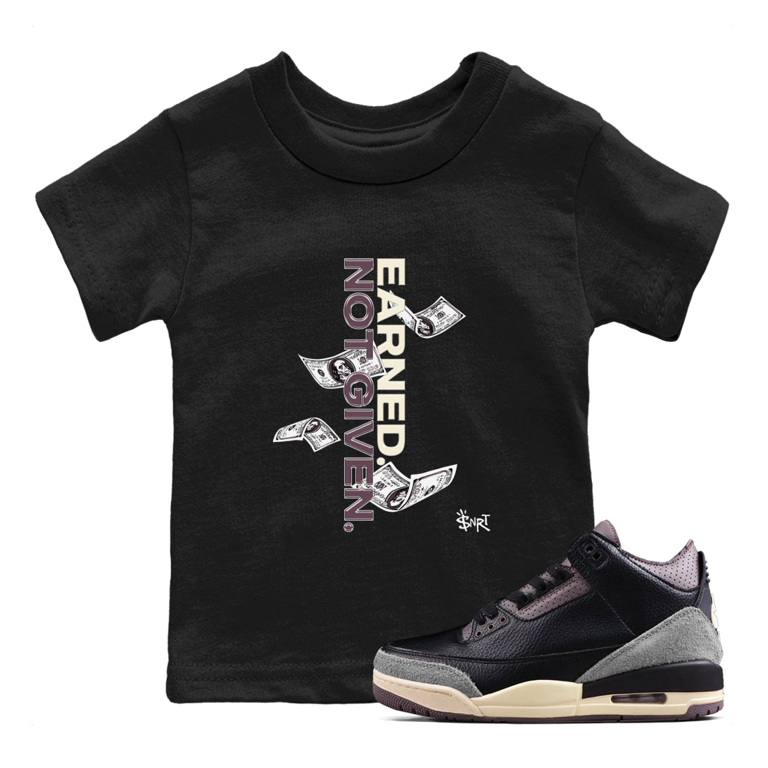 3s A Ma Maniere x Black shirts to match jordans Earned Not Given sneaker match tees Air Jordan 3 A Ma Maniere x Black Drip Gear Zone Youth Baby Black 1 crew neck shirts