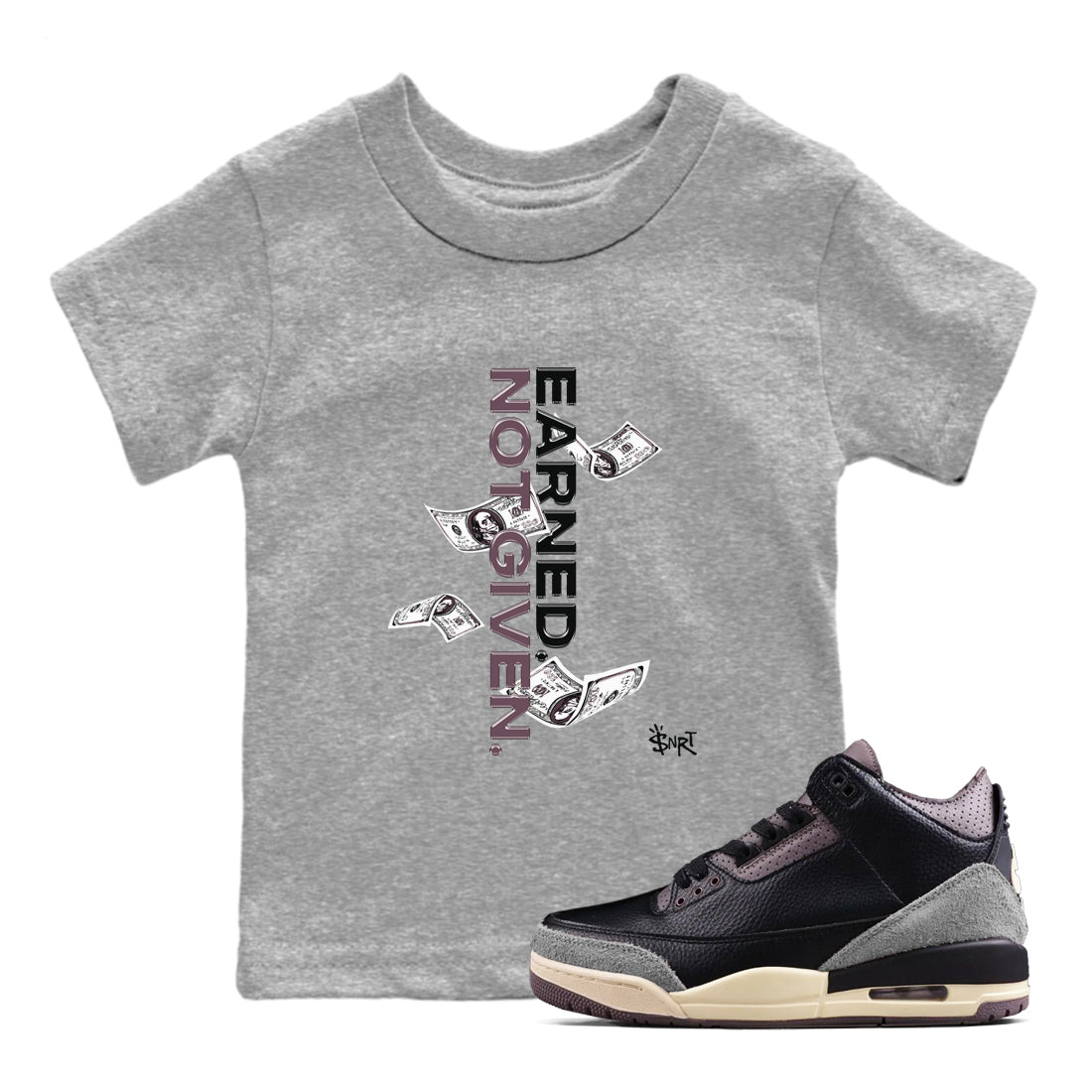 3s A Ma Maniere x Black shirts to match jordans Earned Not Given sneaker match tees Air Jordan 3 A Ma Maniere x Black Drip Gear Zone Youth Baby Heather Grey 1 crew neck shirts