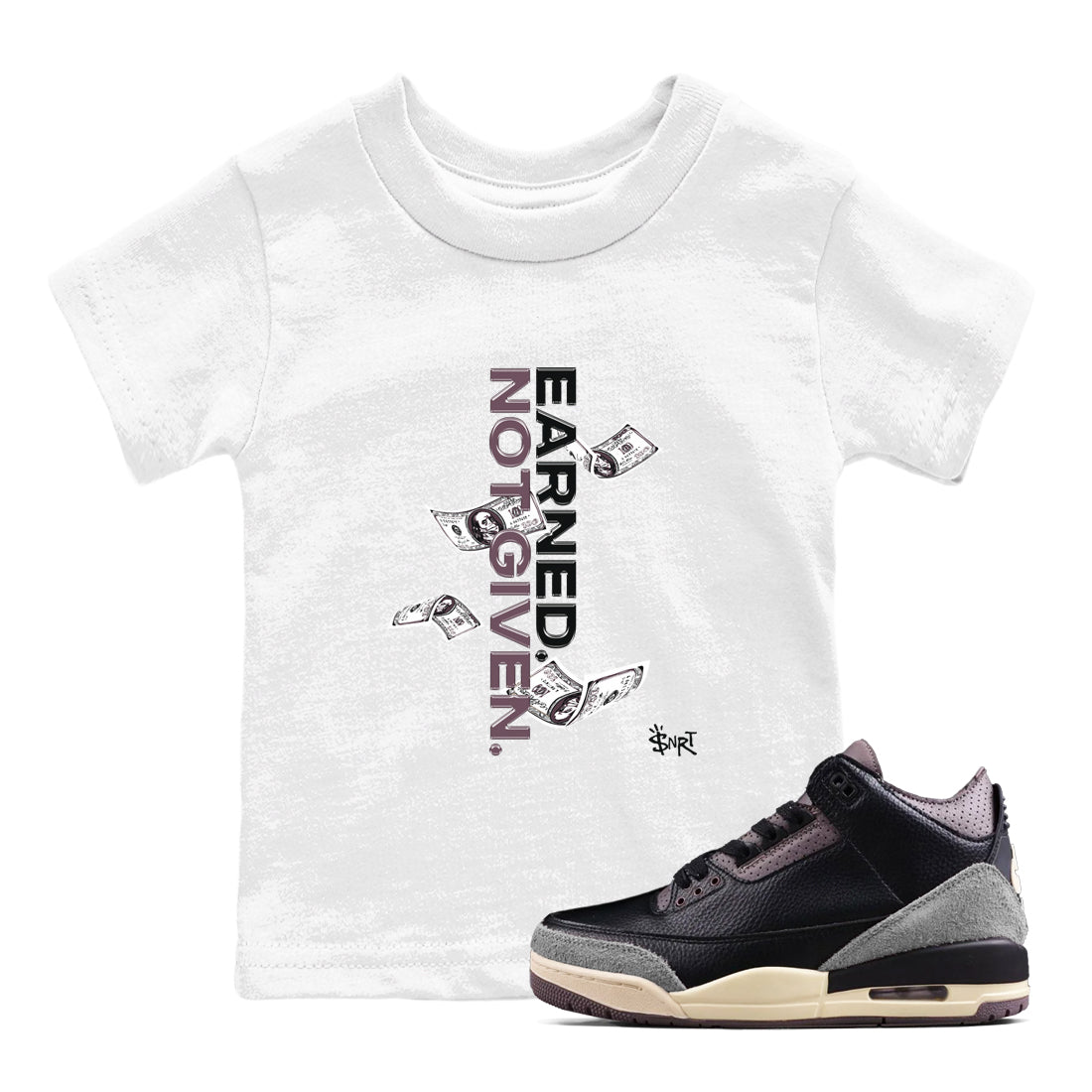 3s A Ma Maniere x Black shirts to match jordans Earned Not Given sneaker match tees Air Jordan 3 A Ma Maniere x Black Drip Gear Zone Youth Baby White 1 crew neck shirts