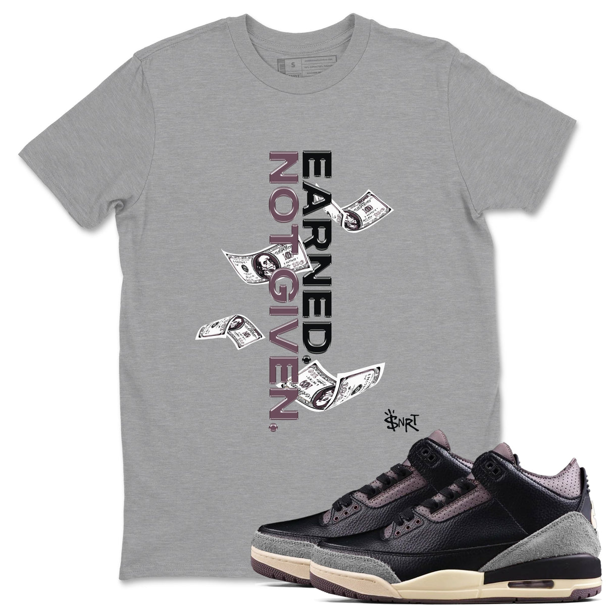 3s A Ma Maniere x Black shirts to match jordans Earned Not Given sneaker match tees Air Jordan 3 A Ma Maniere x Black Drip Gear Zone unisex cotton Heather Grey 1 crew neck shirts