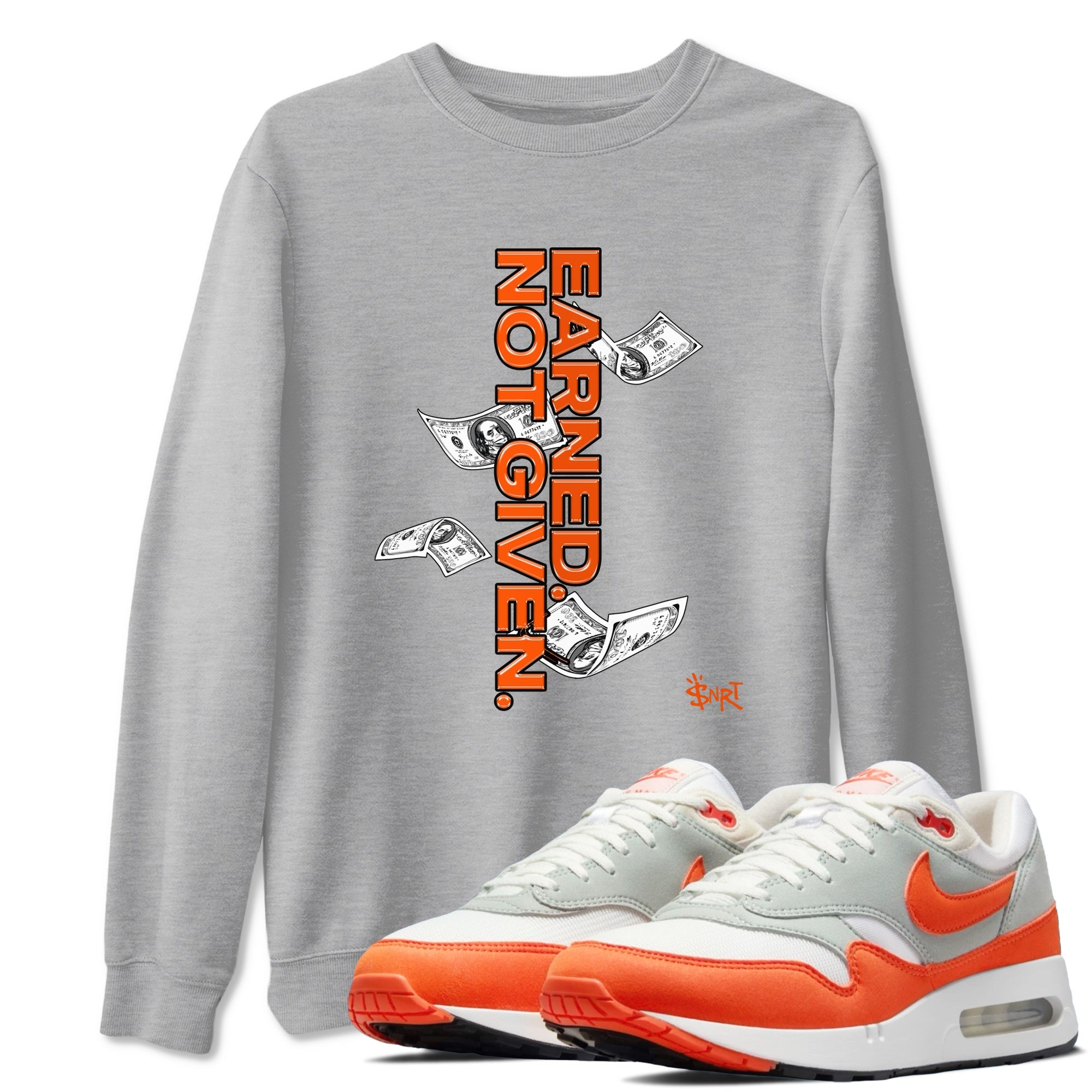 Air Max 1 OG '86 'Summit White and Cosmic Clay shirts to match jordans Earned Not Given sneaker match tees Air Max 1 Cosmic Clay match shoes to clothes Drip Gear Zone unisex cotton Heather Grey 1 shirts