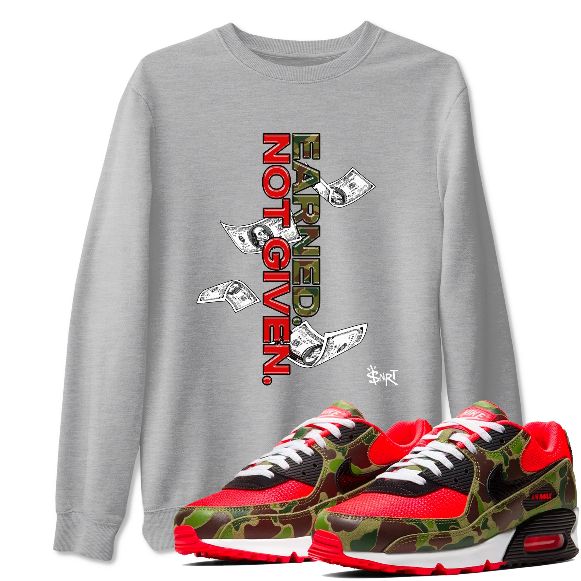 Air Max 90 Duck Camo shirts to match jordans Earned Not Given sneaker match tees Air Max 90 Reverse Duck Camo match shoes to clothes Drip Gear Zone unisex cotton Heather Grey 1 shirts