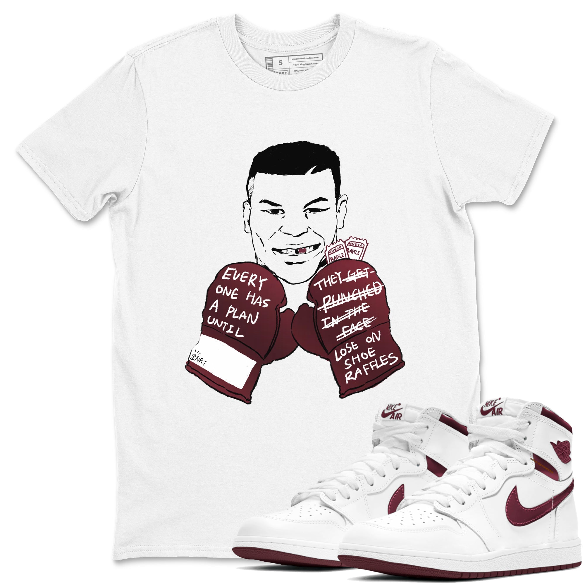 1s Metalic Burgundy shirt to match jordans Everyone Has A Plan sneaker tees Air Jordan 1 Metalic Burgundy Drip Gear Zone unisex cotton White 1 crew neck shirt