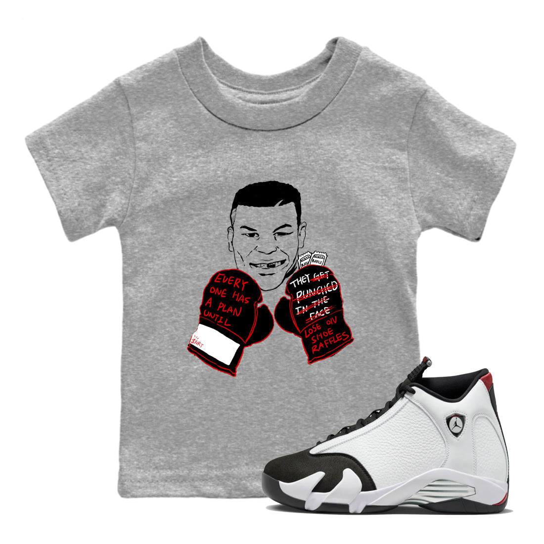 Air Jordan 14 Black Toe t shirts to match sneakers Everyone Has A Plan sneaker match tees 14s Black Toe sneaker match tee Drip Gear Zone Youth Baby Heather Grey 1 tee
