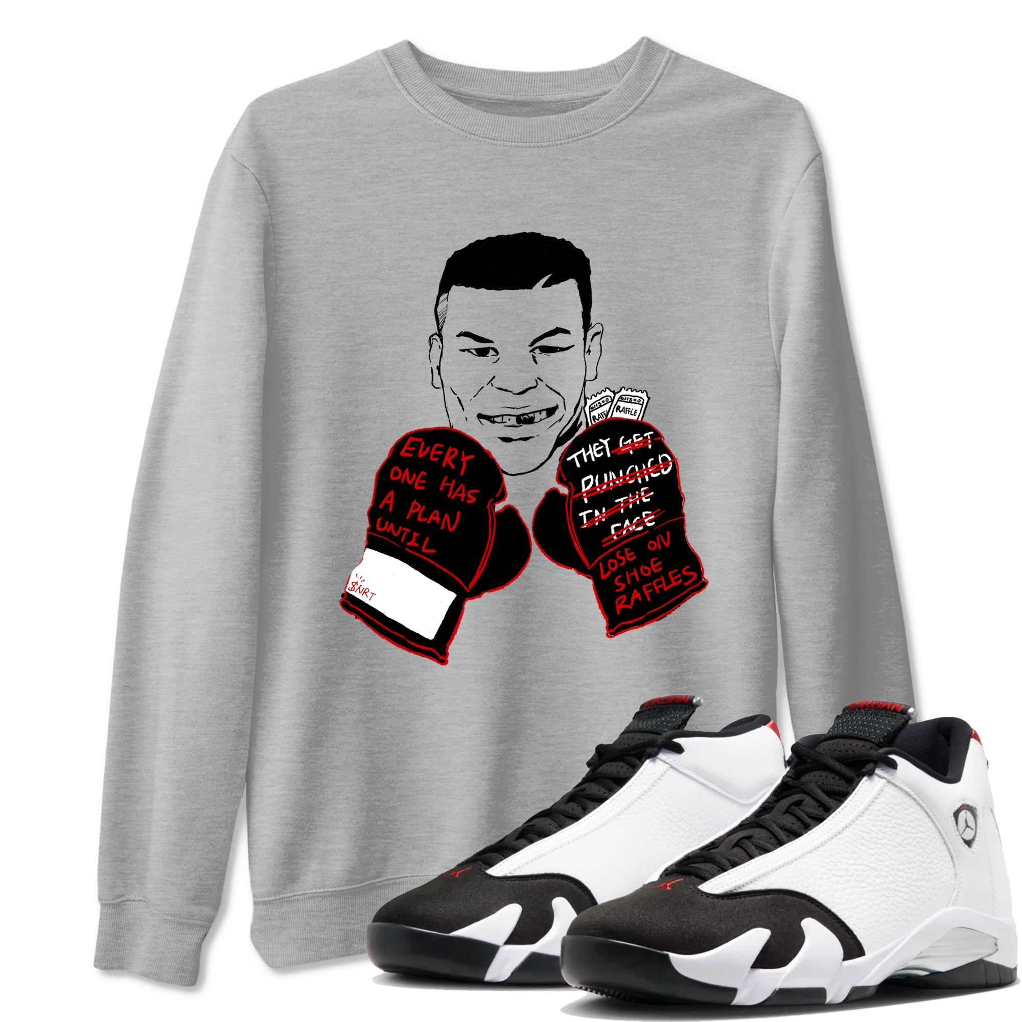 Air Jordan 14 Black Toe t shirts to match sneakers Everyone Has A Plan sneaker match tees 14s Black Toe sneaker match tee Drip Gear Zone unisex cotton Heather Grey 1 shirts