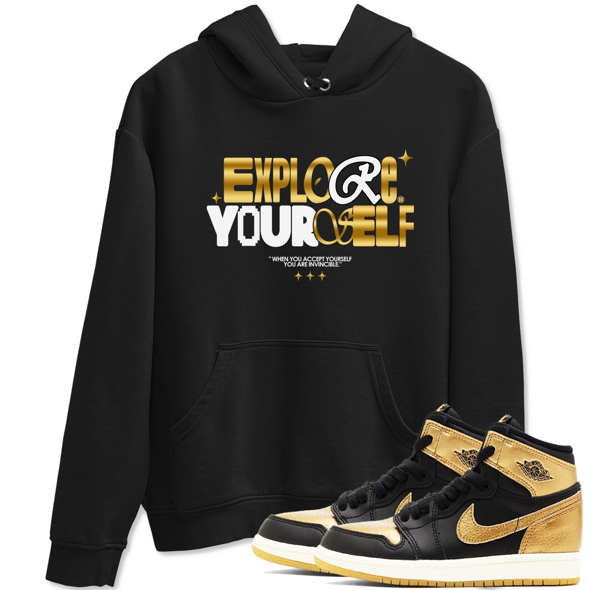 Air Jordan 1 High OG Black Metallic Gold shirts to match jordans Explore Yourself sneaker match tees Air Jordan 1 Retrp Black Metallic Gold Sneaker Shirts Drip Gear Zone streetwear brand Black 1 unisex cotton tee