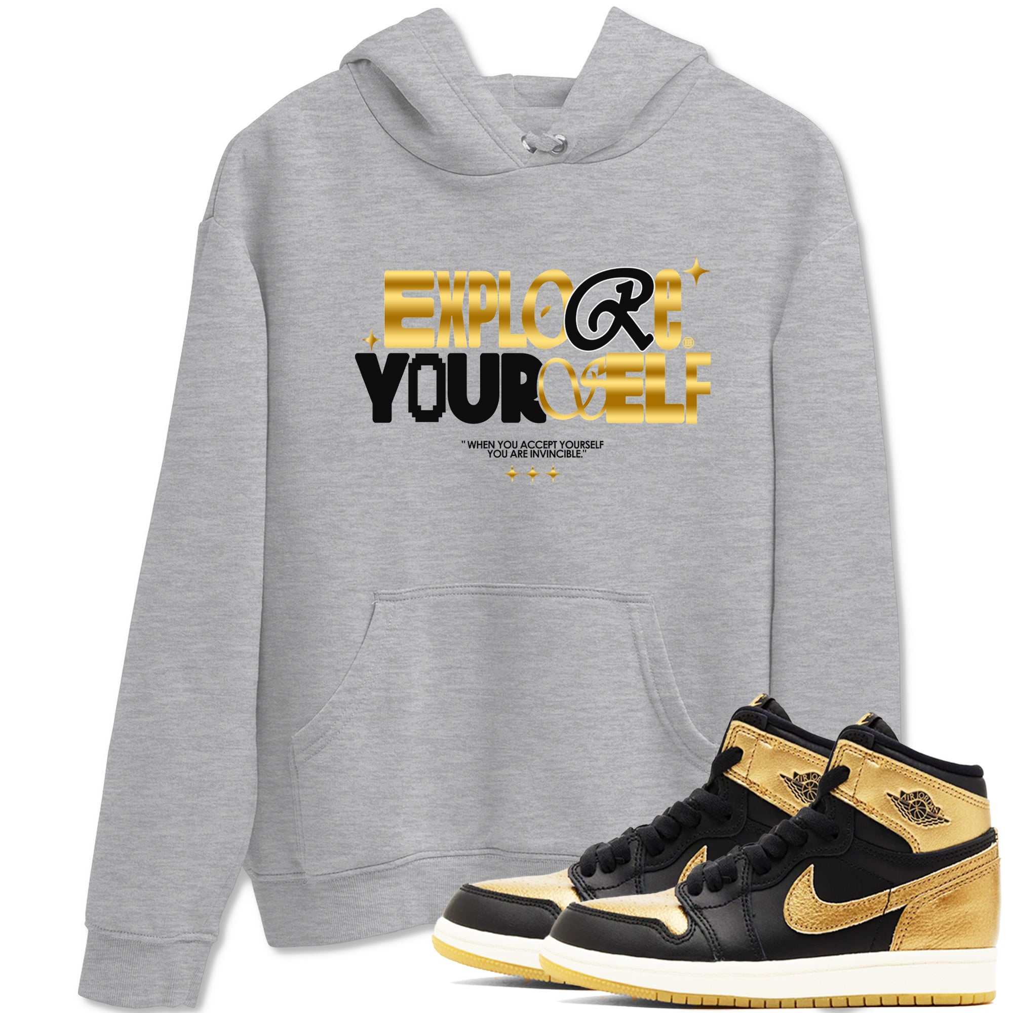 Air Jordan 1 High OG Black Metallic Gold shirts to match jordans Explore Yourself sneaker match tees Air Jordan 1 Retrp Black Metallic Gold Sneaker Shirts Drip Gear Zone streetwear brand Heather Grey 1 unisex cotton tee