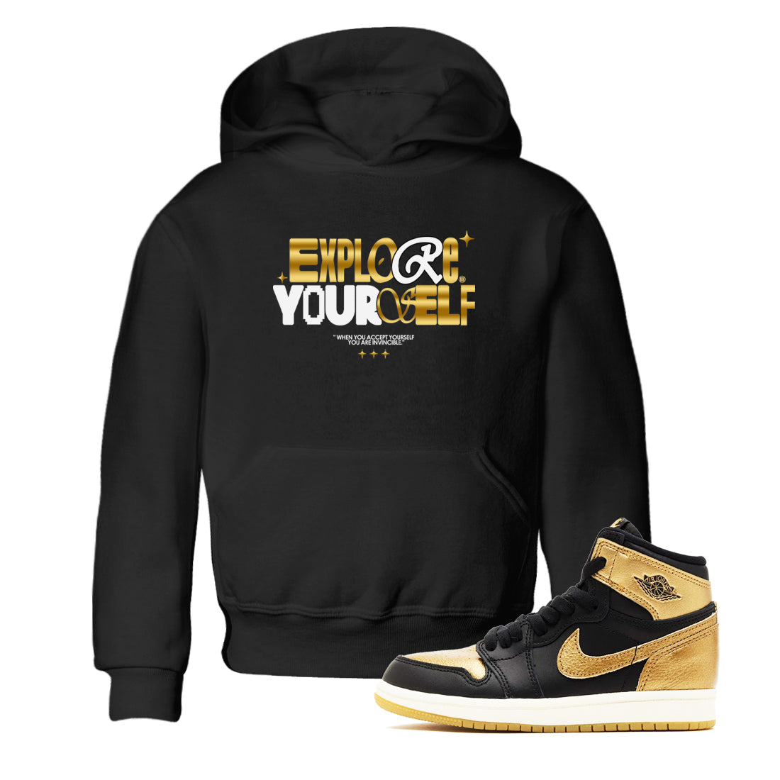Air Jordan 1 High OG Black Metallic Gold shirts to match jordans Explore Yourself sneaker match tees Air Jordan 1 Retrp Black Metallic Gold Sneaker Shirts Drip Gear Zone streetwear brand Baby and Youth Black 1 cotton tee