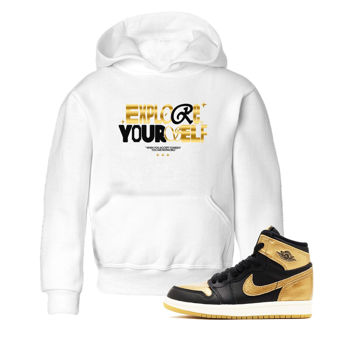 Air Jordan 1 High OG Black Metallic Gold shirts to match jordans Explore Yourself sneaker match tees Air Jordan 1 Retrp Black Metallic Gold Sneaker Shirts Drip Gear Zone streetwear brand Baby and Youth White 1 cotton tee