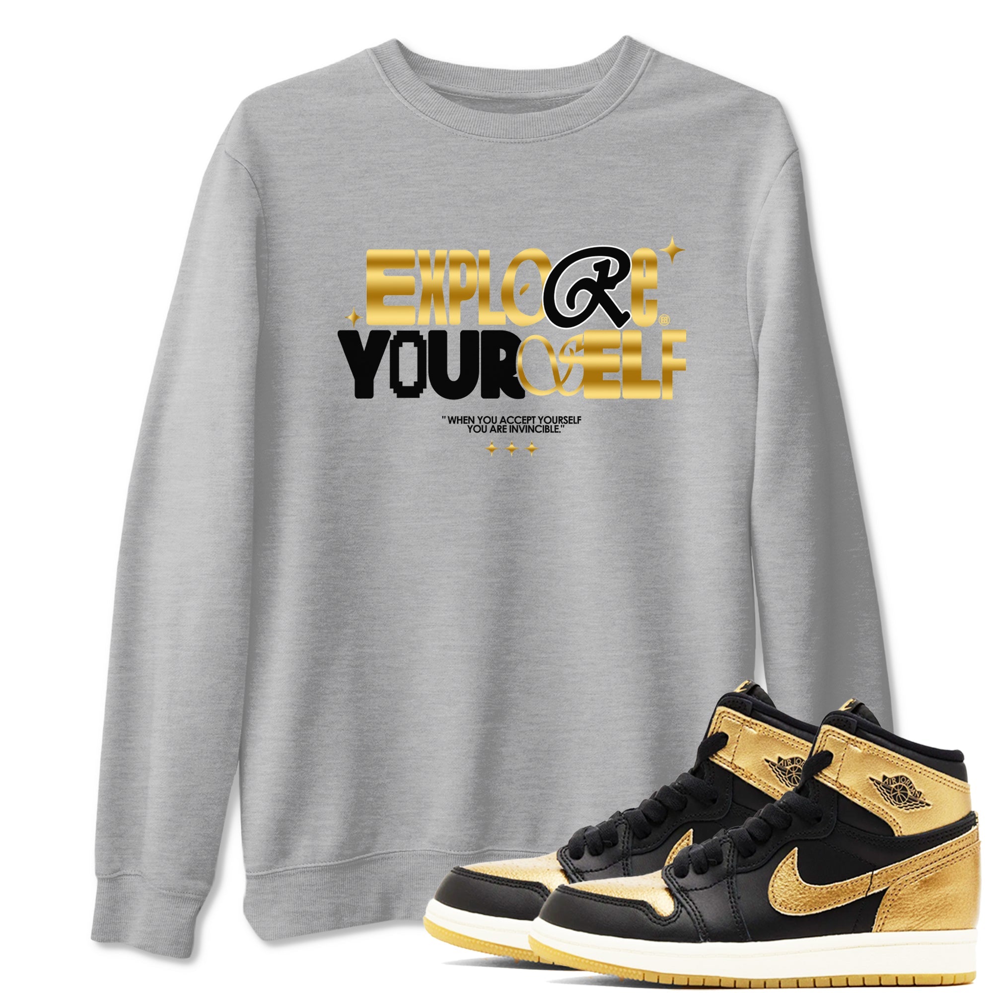 Air Jordan 1 High OG Black Metallic Gold shirts to match jordans Explore Yourself sneaker match tees Air Jordan 1 Retrp Black Metallic Gold Sneaker Shirts Drip Gear Zone streetwear brand Heather Grey 1 unisex cotton tee