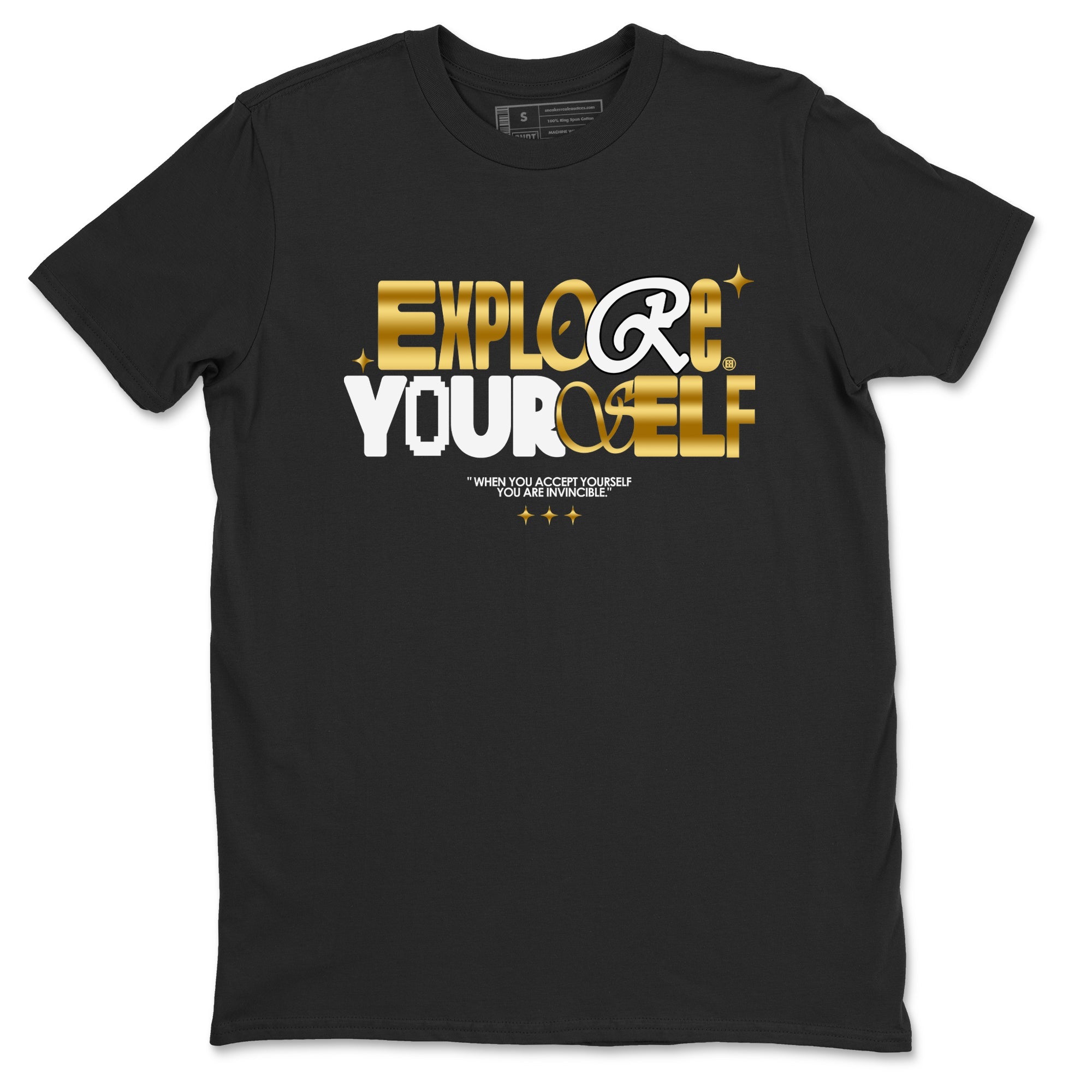 Air Jordan 1 High OG Black Metallic Gold shirts to match jordans Explore Yourself sneaker match tees Air Jordan 1 Retrp Black Metallic Gold Sneaker Shirts Drip Gear Zone streetwear brand Black 2 unisex cotton tee