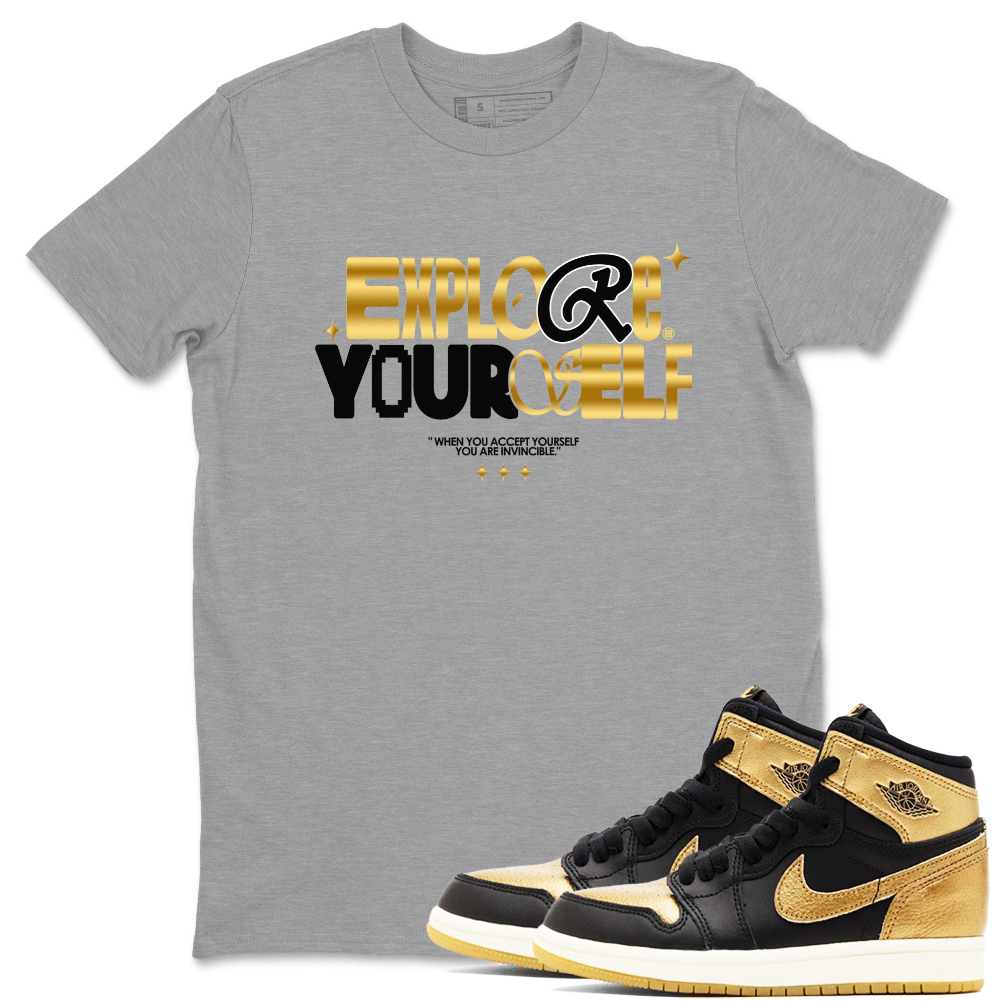 Air Jordan 1 High OG Black Metallic Gold shirts to match jordans Explore Yourself sneaker match tees Air Jordan 1 Retrp Black Metallic Gold Sneaker Shirts Drip Gear Zone streetwear brand Heather Grey 1 unisex cotton tee