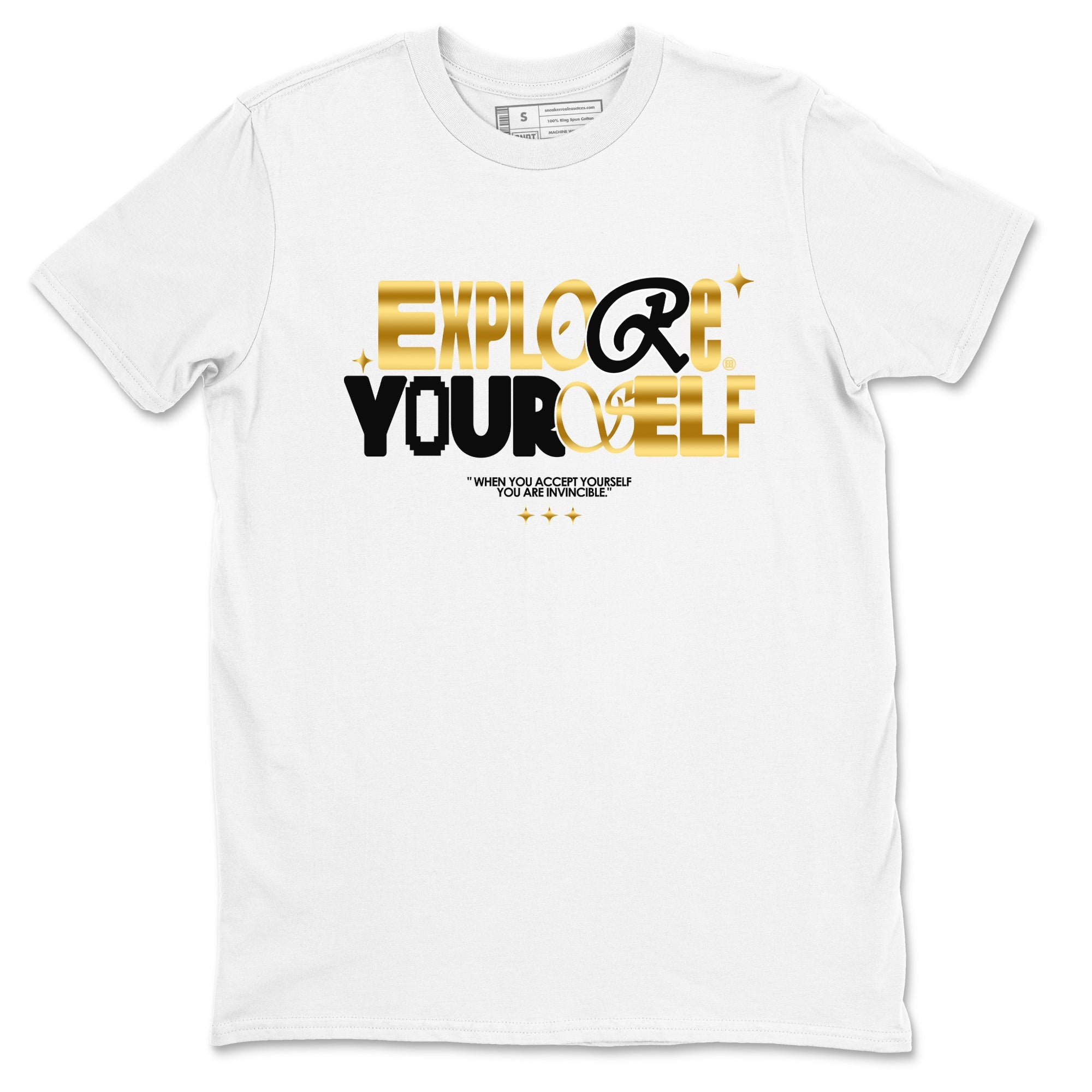 Air Jordan 1 High OG Black Metallic Gold shirts to match jordans Explore Yourself sneaker match tees Air Jordan 1 Retrp Black Metallic Gold Sneaker Shirts Drip Gear Zone streetwear brand White 2 unisex cotton tee