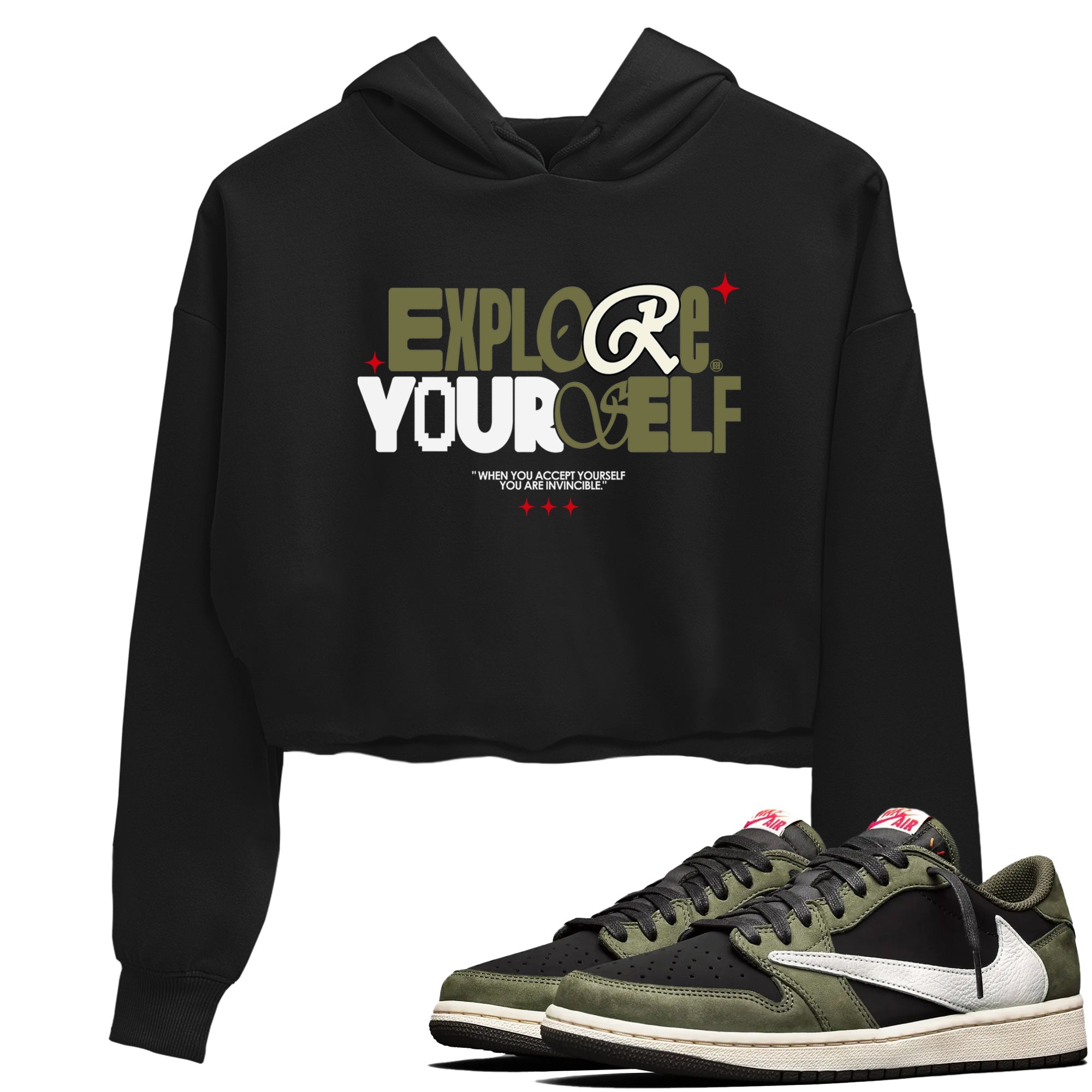 AJ1 Travis Scott Black Olive shirts to match jordans Explore Yourself sneaker match tees Air Jordan 1 Travis Scott Black Olive Drip Gear Zone streetwear brand Black 1 crop tee