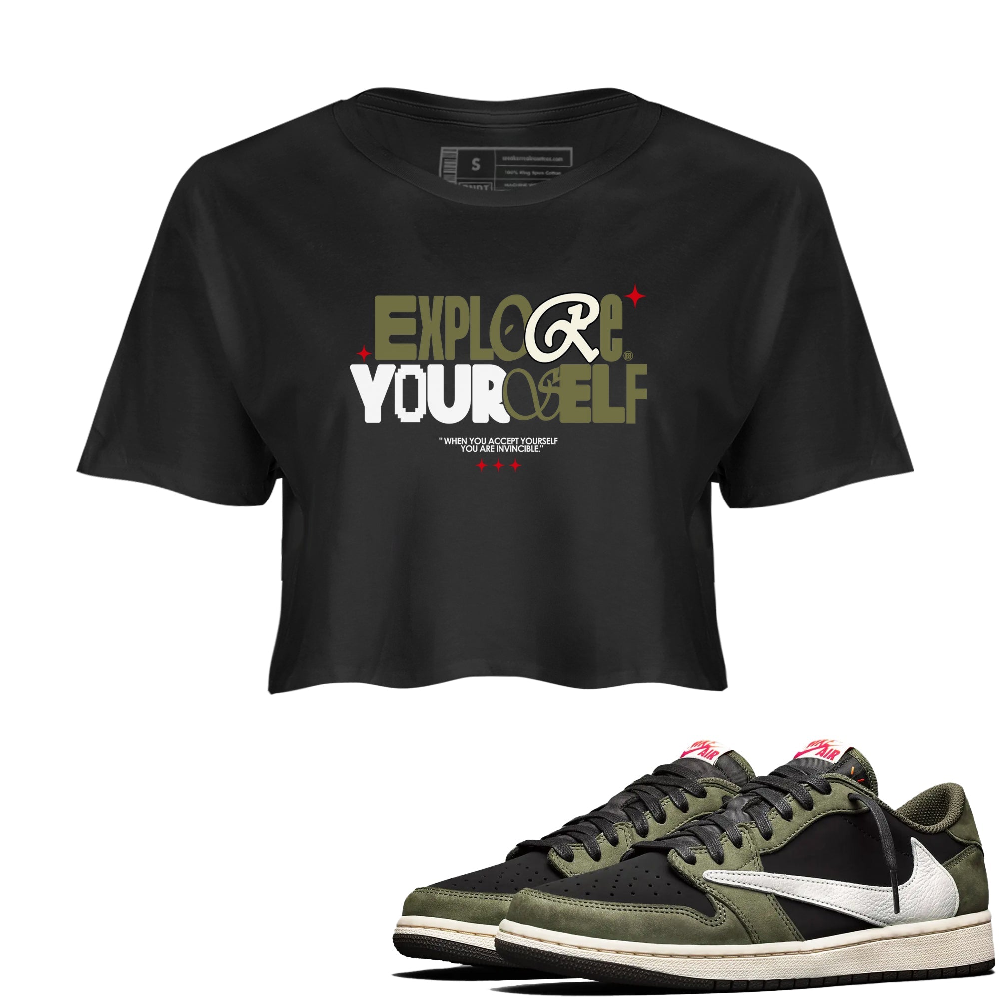 AJ1 Travis Scott Black Olive shirts to match jordans Explore Yourself sneaker match tees Air Jordan 1 Travis Scott Black Olive Drip Gear Zone streetwear brand Black 1 crop tee