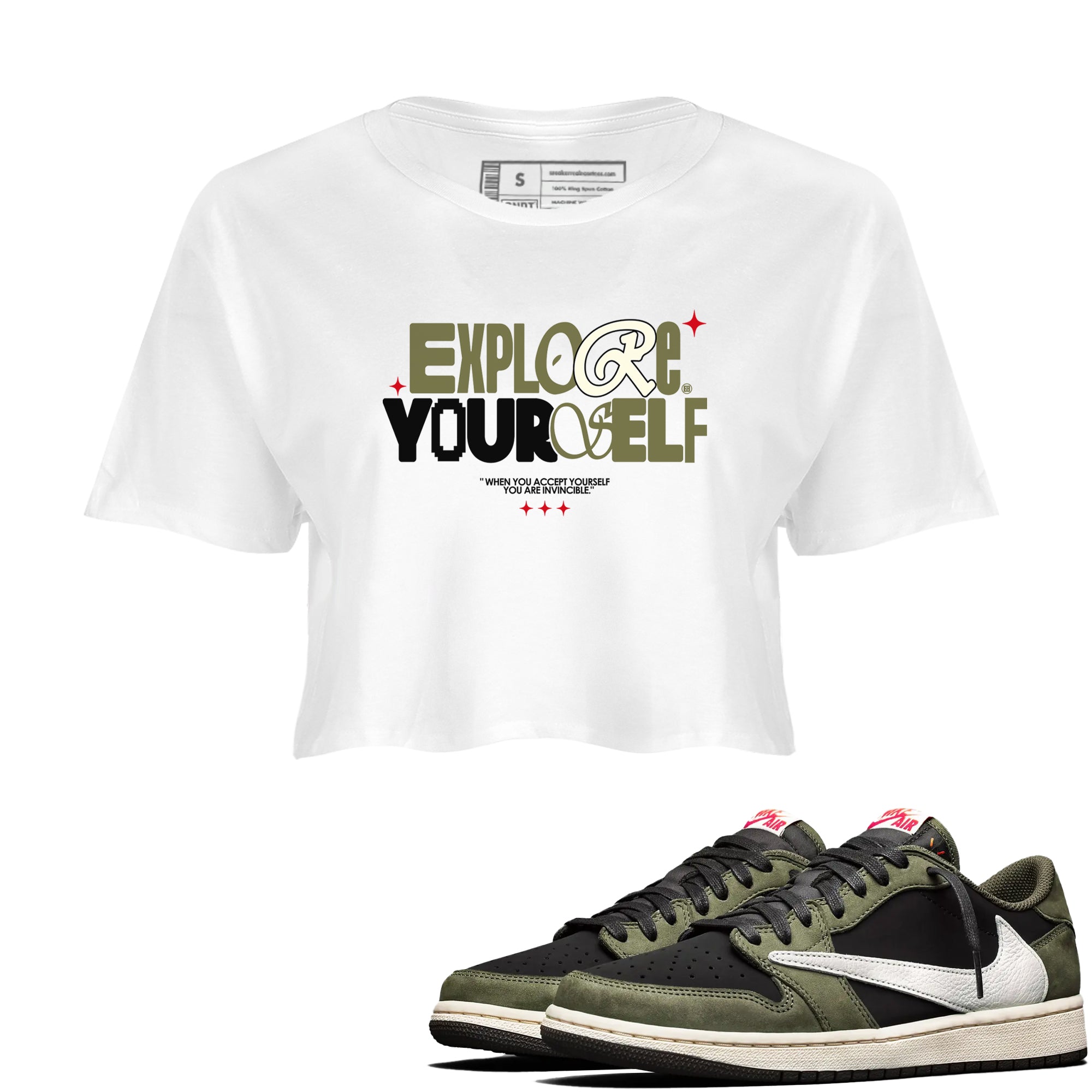 AJ1 Travis Scott Black Olive shirts to match jordans Explore Yourself sneaker match tees Air Jordan 1 Travis Scott Black Olive Drip Gear Zone streetwear brand White 1 crop tee