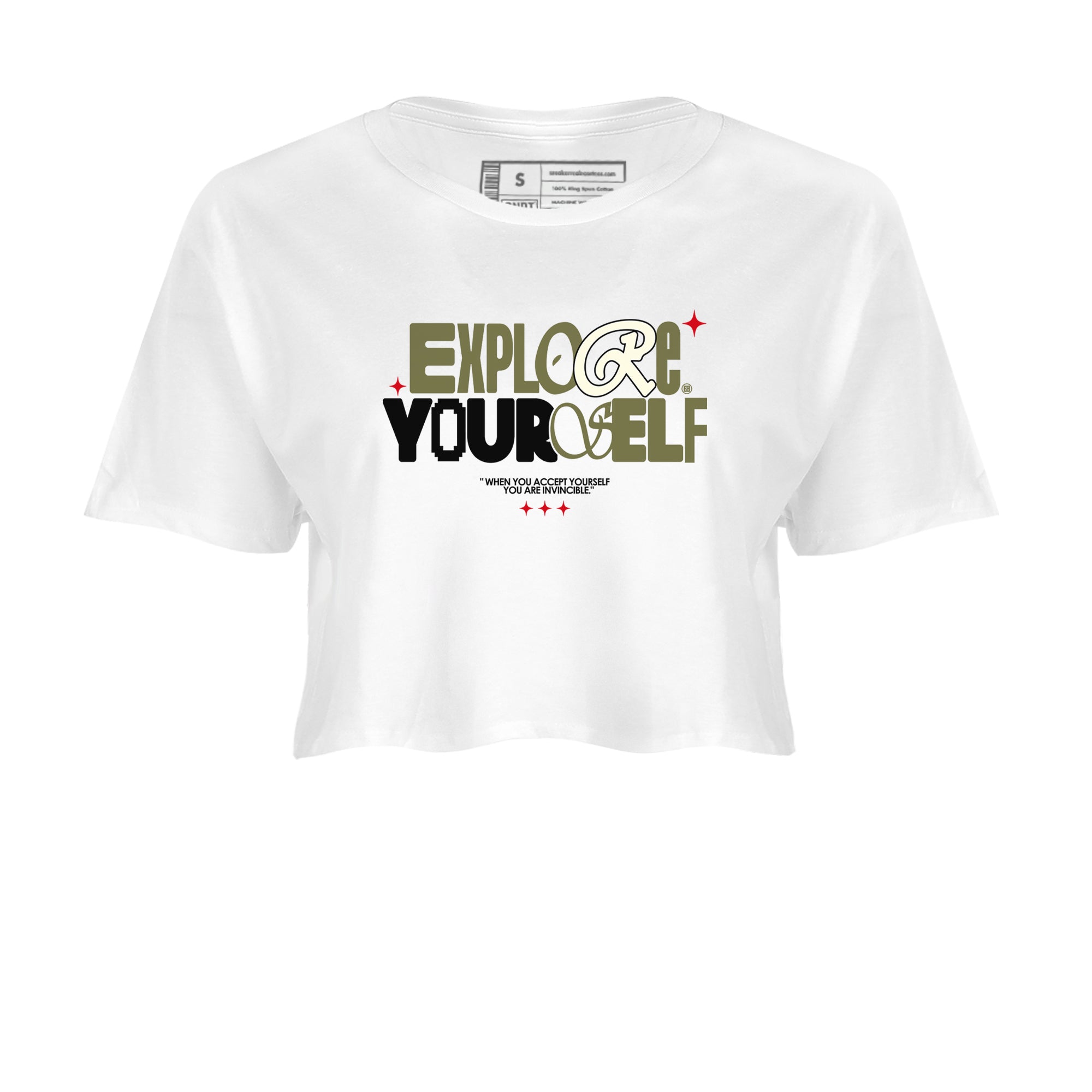 AJ1 Travis Scott Black Olive shirts to match jordans Explore Yourself sneaker match tees Air Jordan 1 Travis Scott Black Olive Drip Gear Zone streetwear brand White 2 crop tee