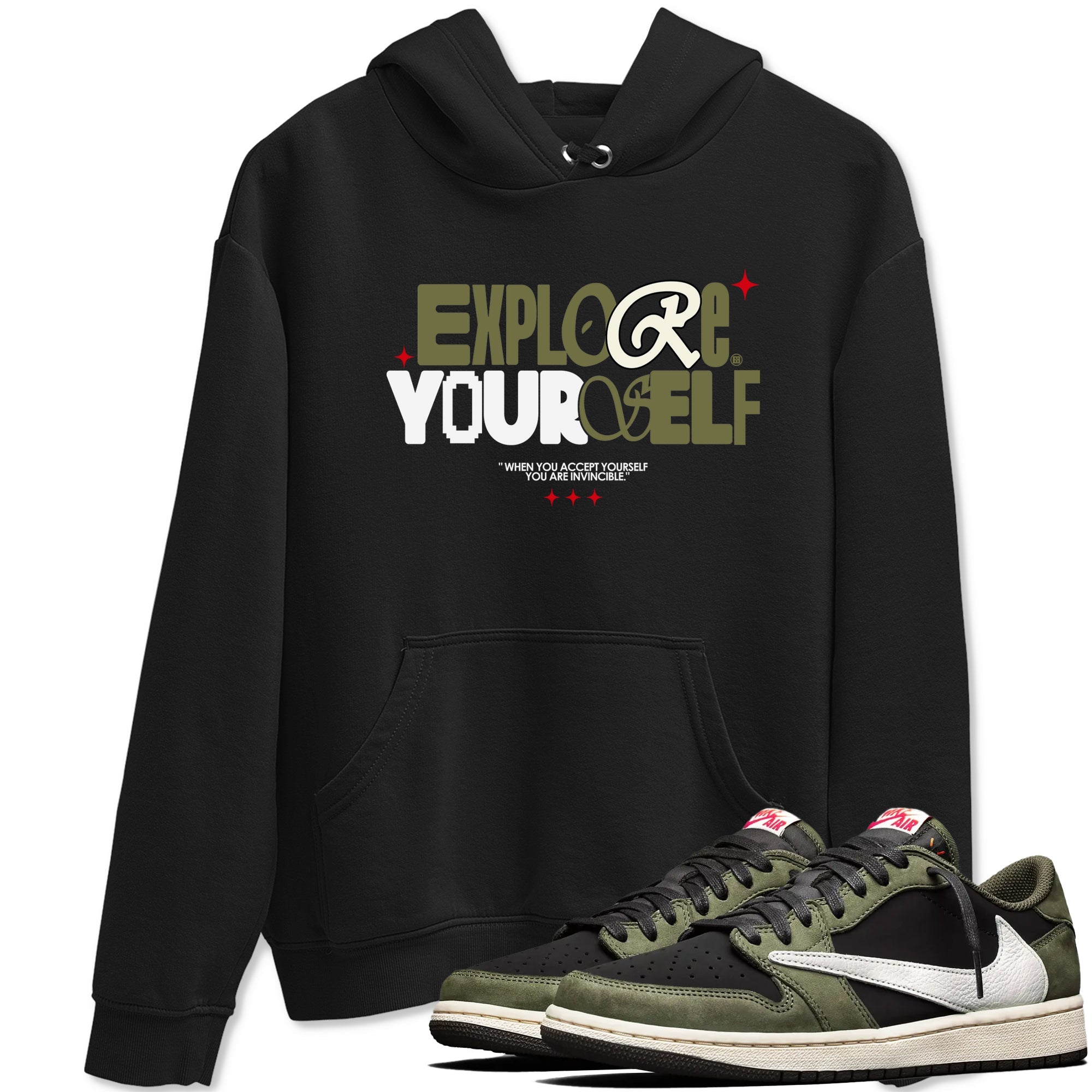 AJ1 Travis Scott Black Olive shirts to match jordans Explore Yourself sneaker match tees Air Jordan 1 Travis Scott Black Olive Drip Gear Zone streetwear brand Black 1 unisex cotton tee