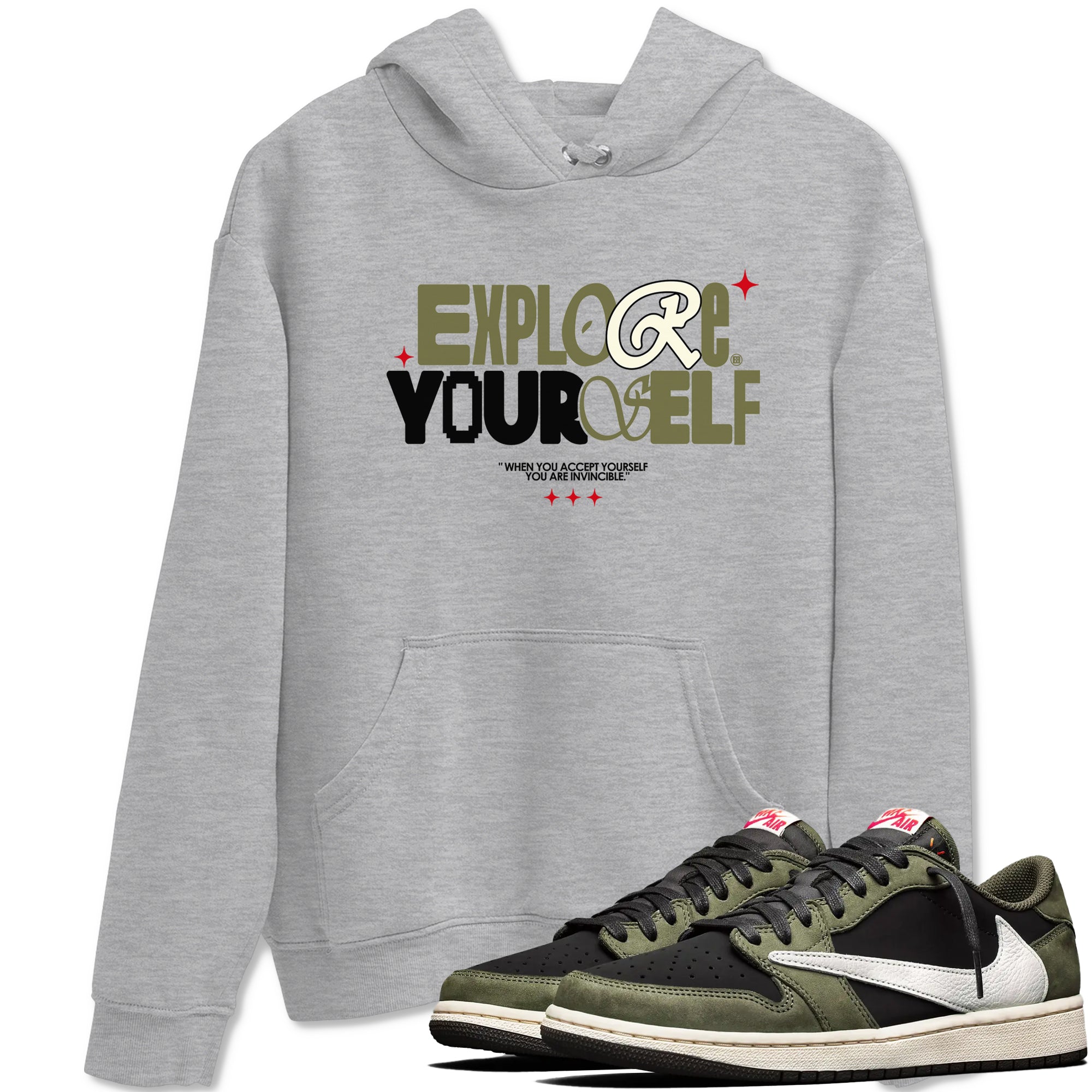 AJ1 Travis Scott Black Olive shirts to match jordans Explore Yourself sneaker match tees Air Jordan 1 Travis Scott Black Olive Drip Gear Zone streetwear brand Heather Grey 1 unisex cotton tee