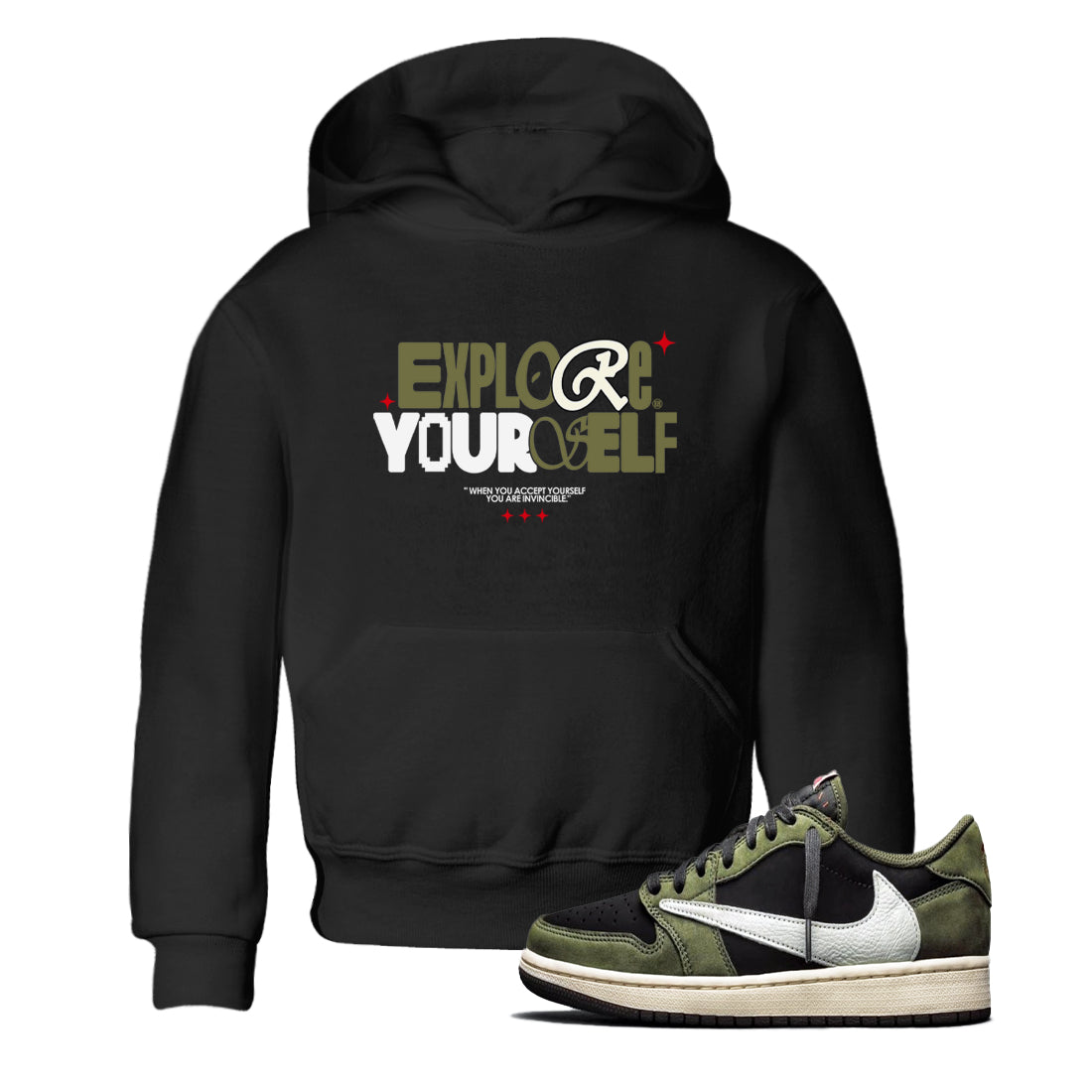 AJ1 Travis Scott Black Olive shirts to match jordans Explore Yourself sneaker match tees Air Jordan 1 Travis Scott Black Olive Drip Gear Zone streetwear brand Baby and Youth Black 1 cotton tee