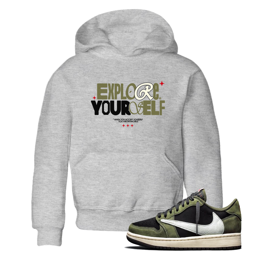 AJ1 Travis Scott Black Olive shirts to match jordans Explore Yourself sneaker match tees Air Jordan 1 Travis Scott Black Olive Drip Gear Zone streetwear brand Baby and Youth Heather Grey 1 cotton tee