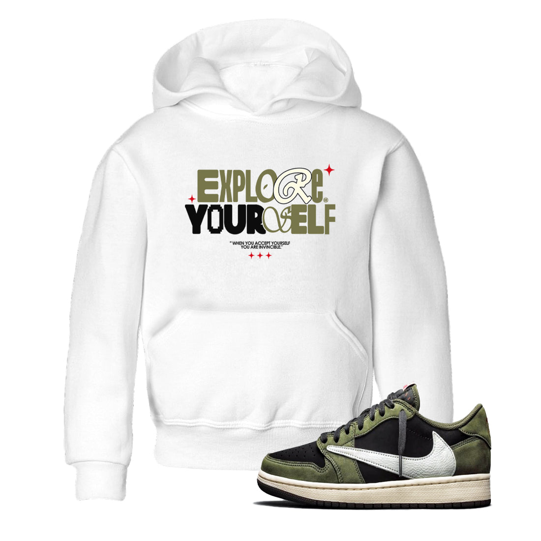 AJ1 Travis Scott Black Olive shirts to match jordans Explore Yourself sneaker match tees Air Jordan 1 Travis Scott Black Olive Drip Gear Zone streetwear brand Baby and Youth White 1 cotton tee