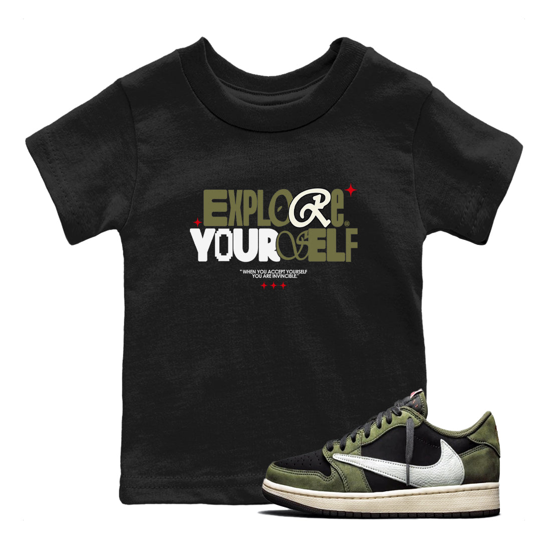 AJ1 Travis Scott Black Olive shirts to match jordans Explore Yourself sneaker match tees Air Jordan 1 Travis Scott Black Olive Drip Gear Zone streetwear brand Baby and Youth Black 1 cotton tee