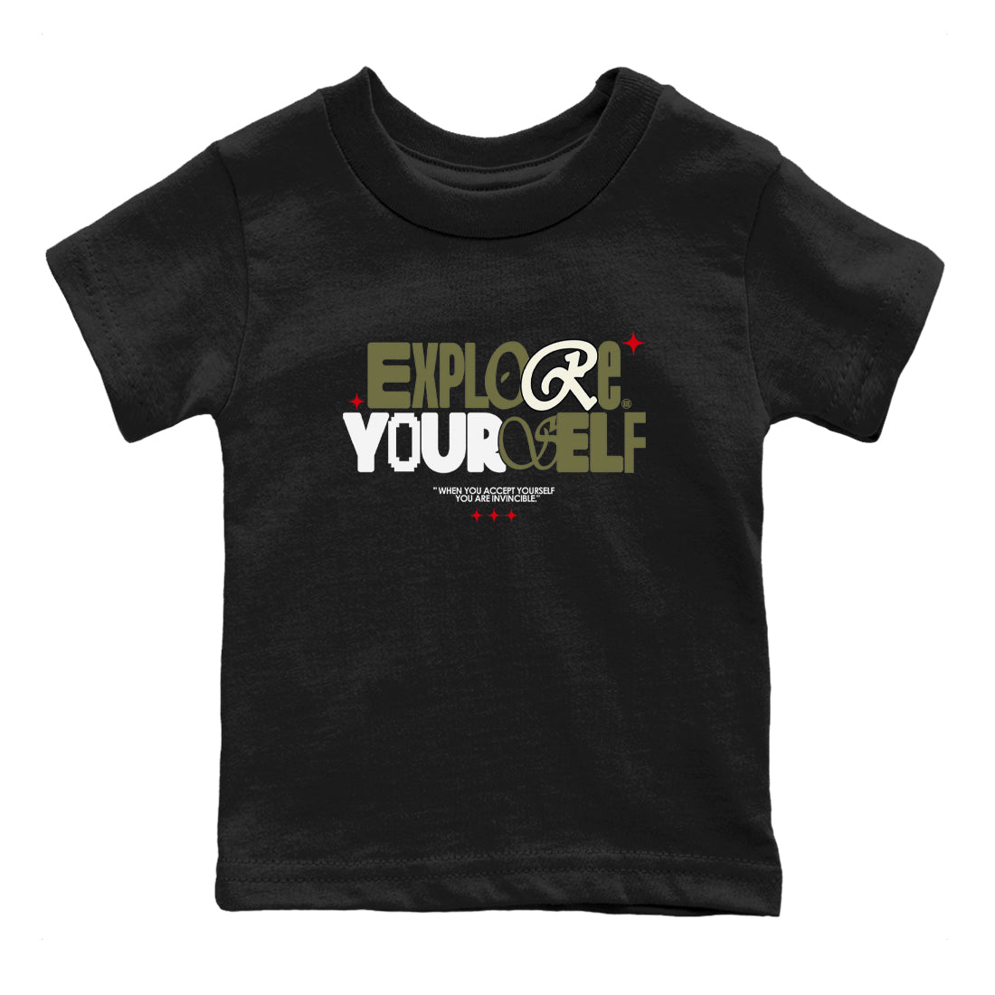 AJ1 Travis Scott Black Olive shirts to match jordans Explore Yourself sneaker match tees Air Jordan 1 Travis Scott Black Olive Drip Gear Zone streetwear brand Baby and Youth Black 2 cotton tee