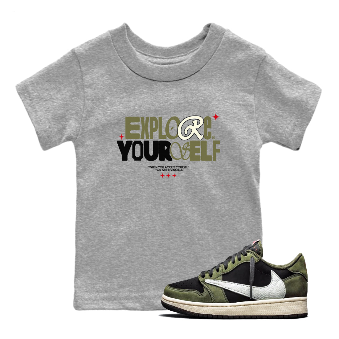 AJ1 Travis Scott Black Olive shirts to match jordans Explore Yourself sneaker match tees Air Jordan 1 Travis Scott Black Olive Drip Gear Zone streetwear brand Baby and Youth Heather Grey 1 cotton tee