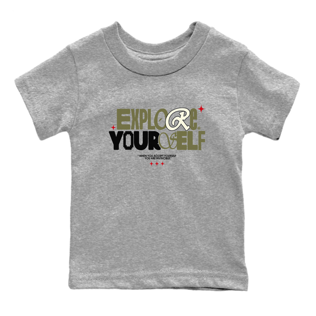 AJ1 Travis Scott Black Olive shirts to match jordans Explore Yourself sneaker match tees Air Jordan 1 Travis Scott Black Olive Drip Gear Zone streetwear brand Baby and Youth Heather Grey 2 cotton tee