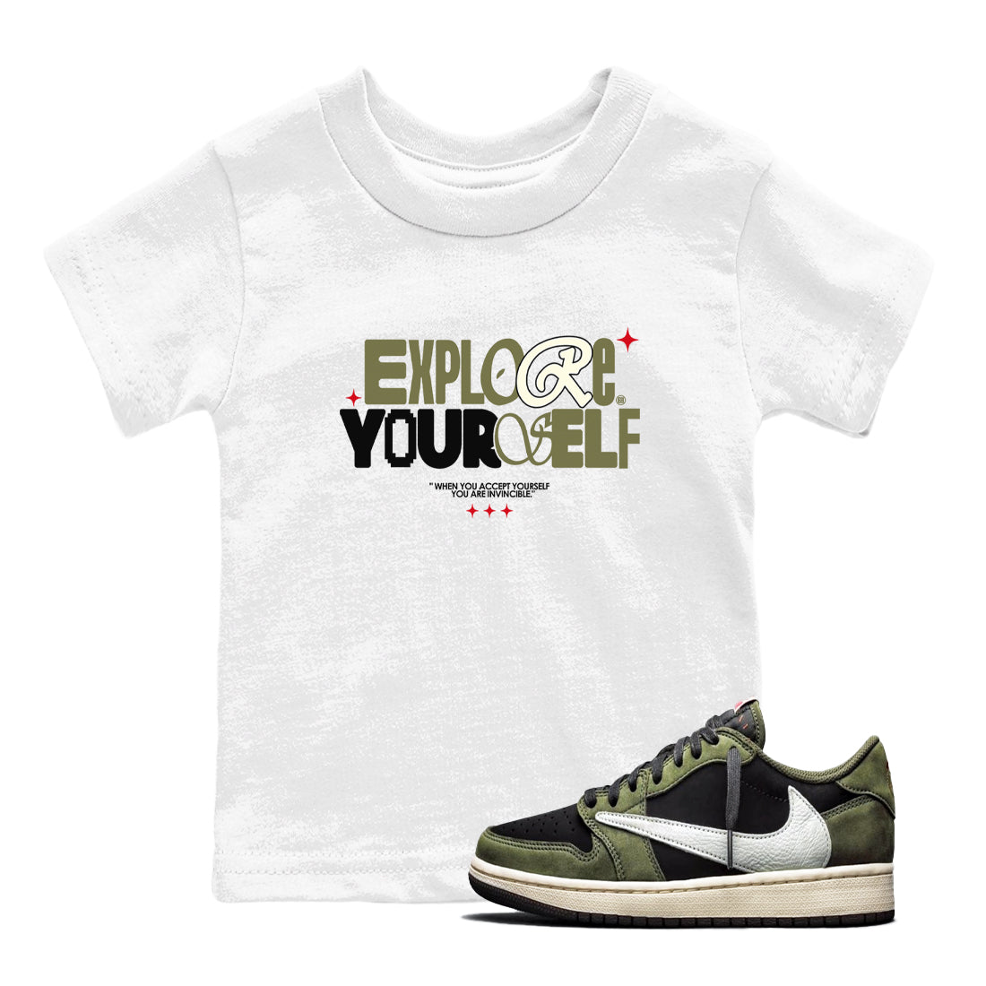 AJ1 Travis Scott Black Olive shirts to match jordans Explore Yourself sneaker match tees Air Jordan 1 Travis Scott Black Olive Drip Gear Zone streetwear brand Baby and Youth White 1 cotton tee